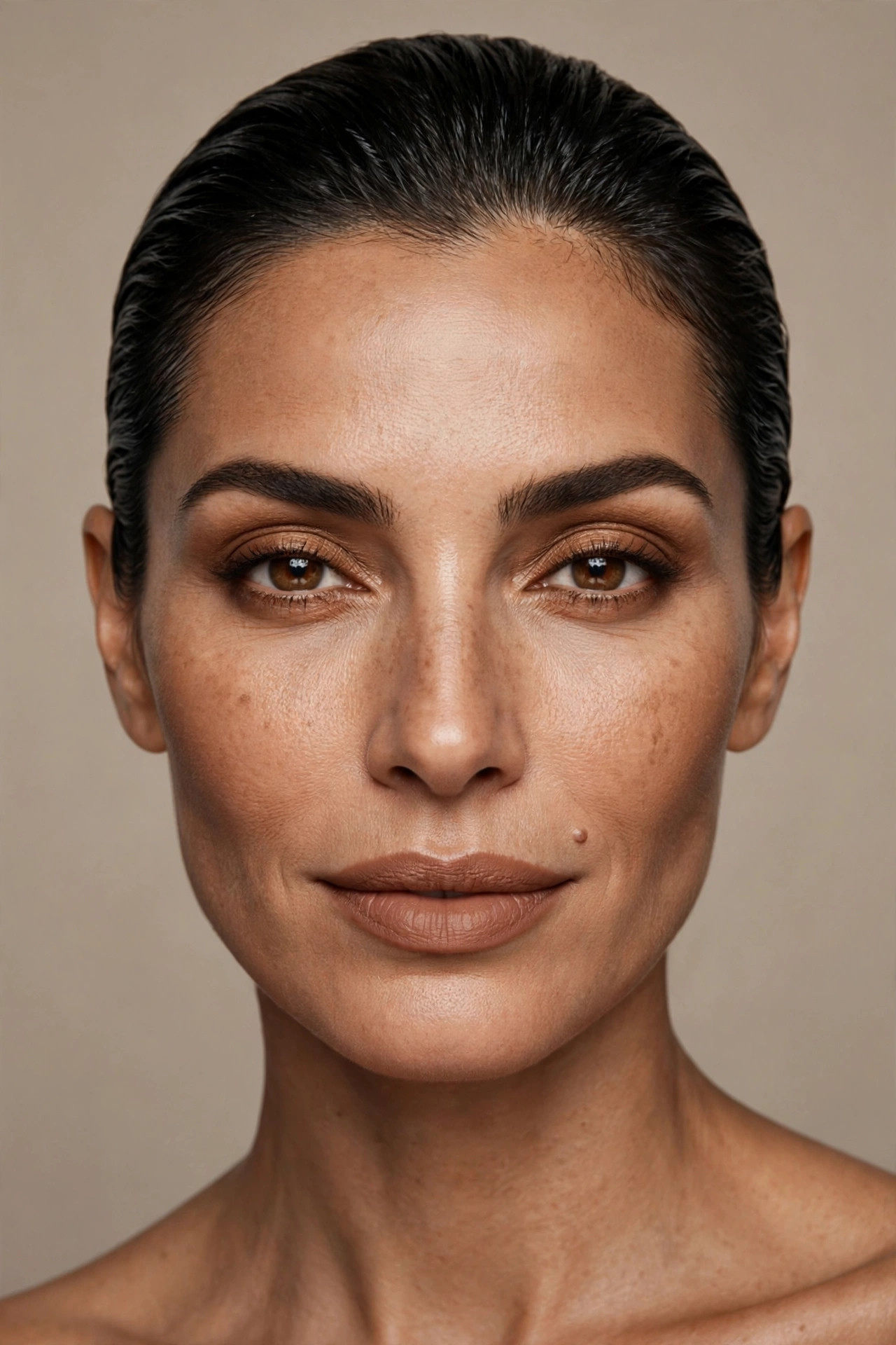 Olive-skinned woman with slicked-back hair wearing monochromatic warm brown latte makeup