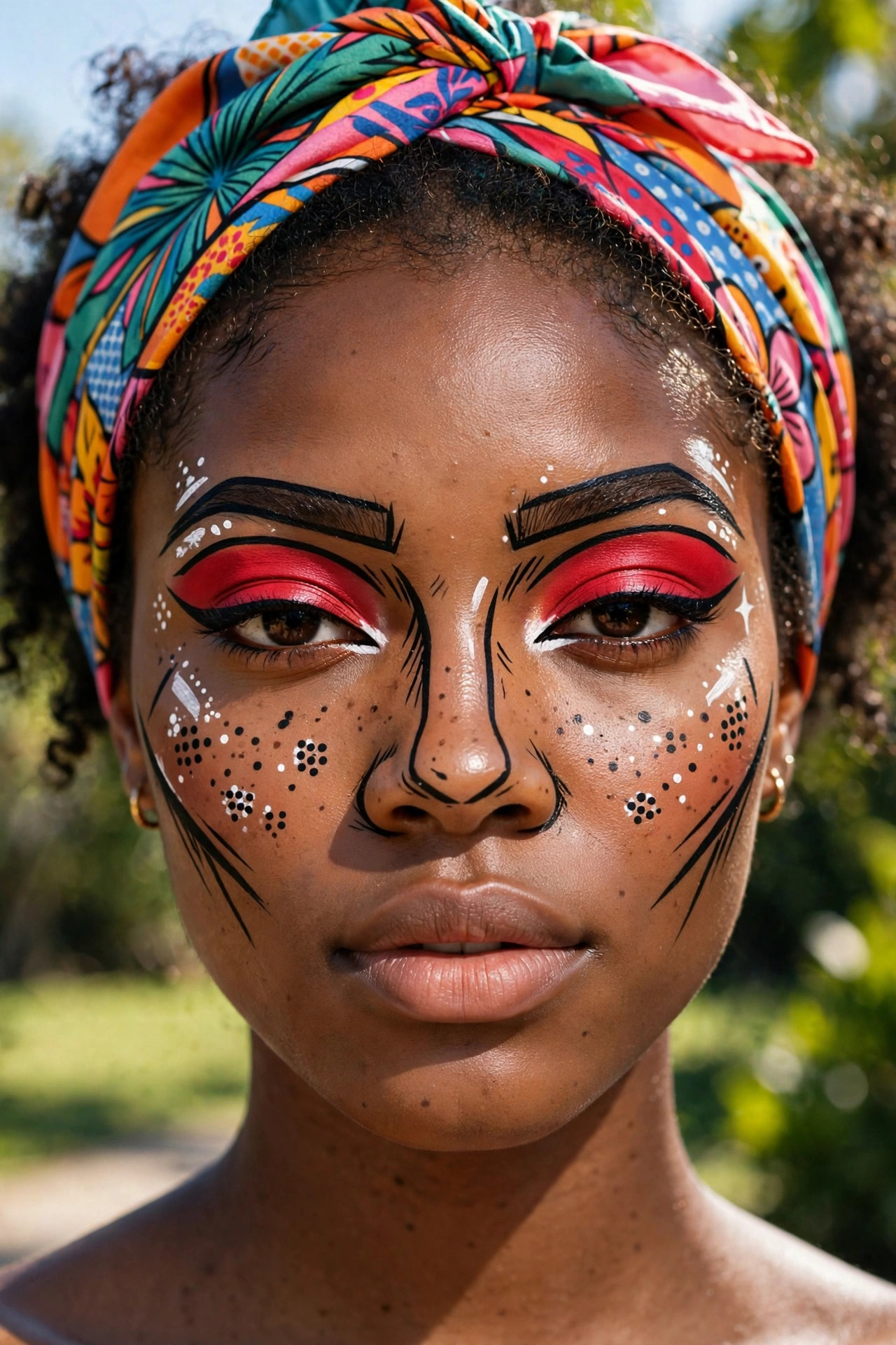 Woman with pop art comic Halloween makeup, bold black outlines and dotted details