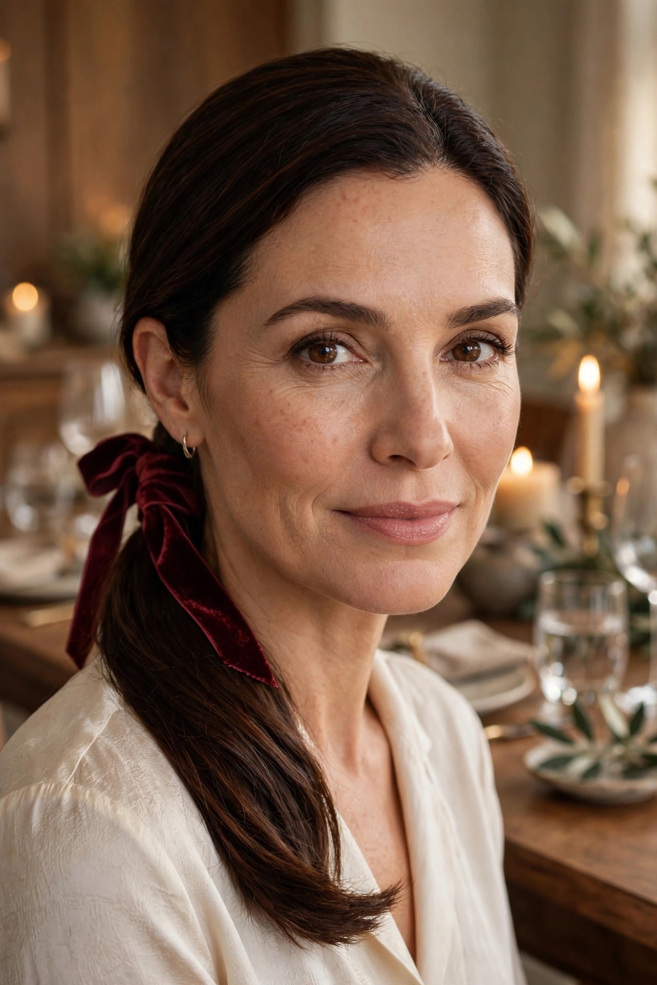 Brunette woman in her early 40s with a sleek low ponytail wrapped in a burgundy ribbon at a dining table