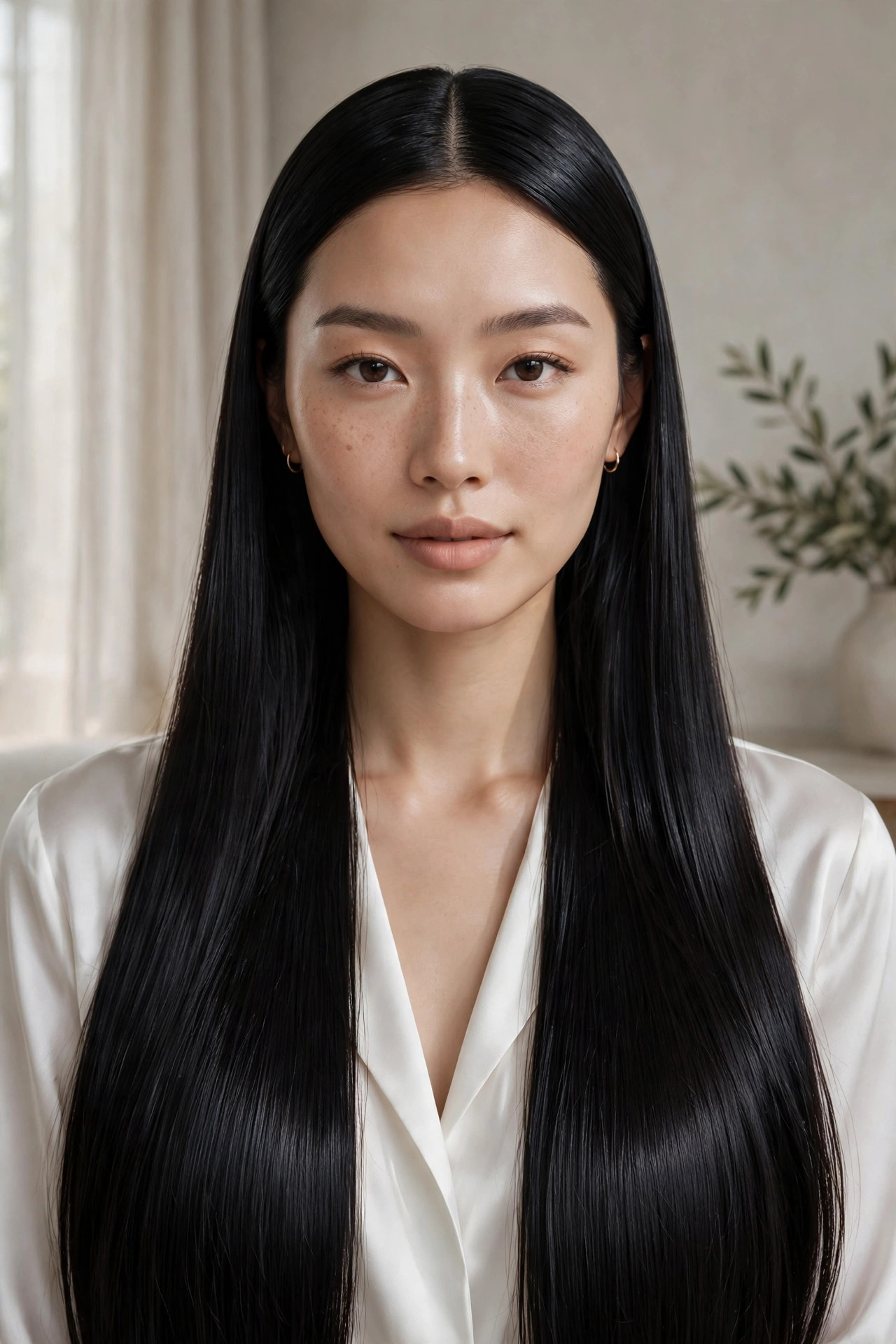 East Asian woman in her late 20s with very long straight black hair with a middle part in a modern interior