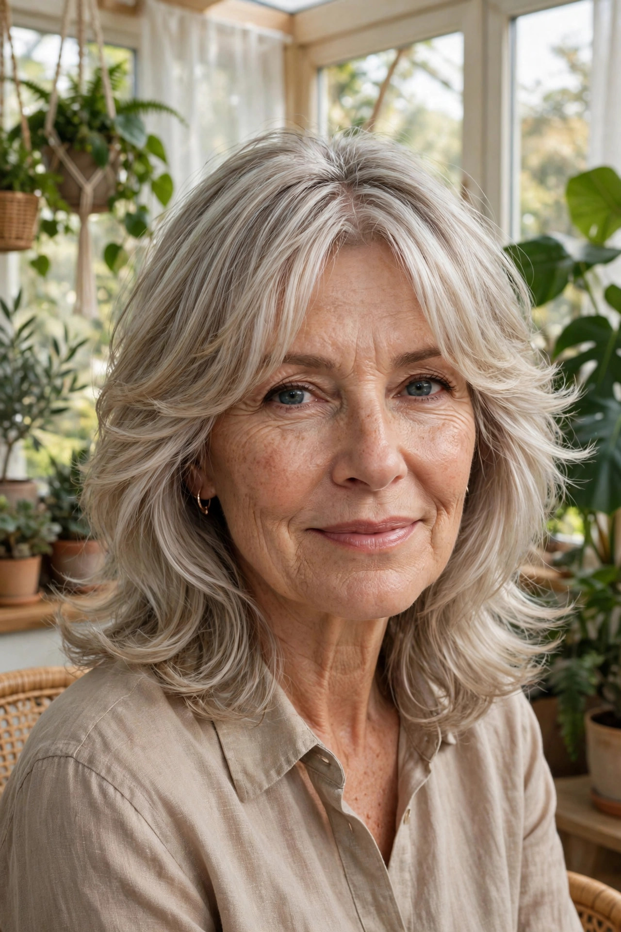 Woman in her mid 60s with silver-blonde feathered layers and curtain bangs in a sunroom