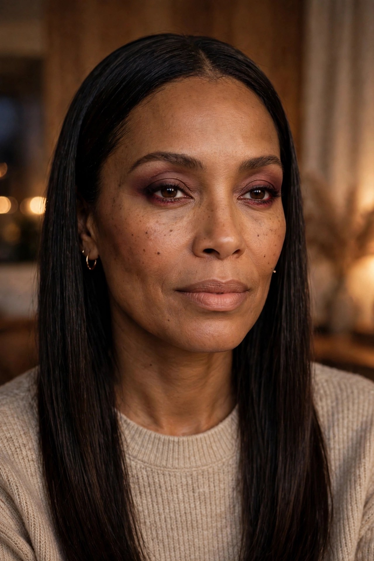Woman in her mid-40s with dark hair wearing a soft burgundy smoky eye in evening light