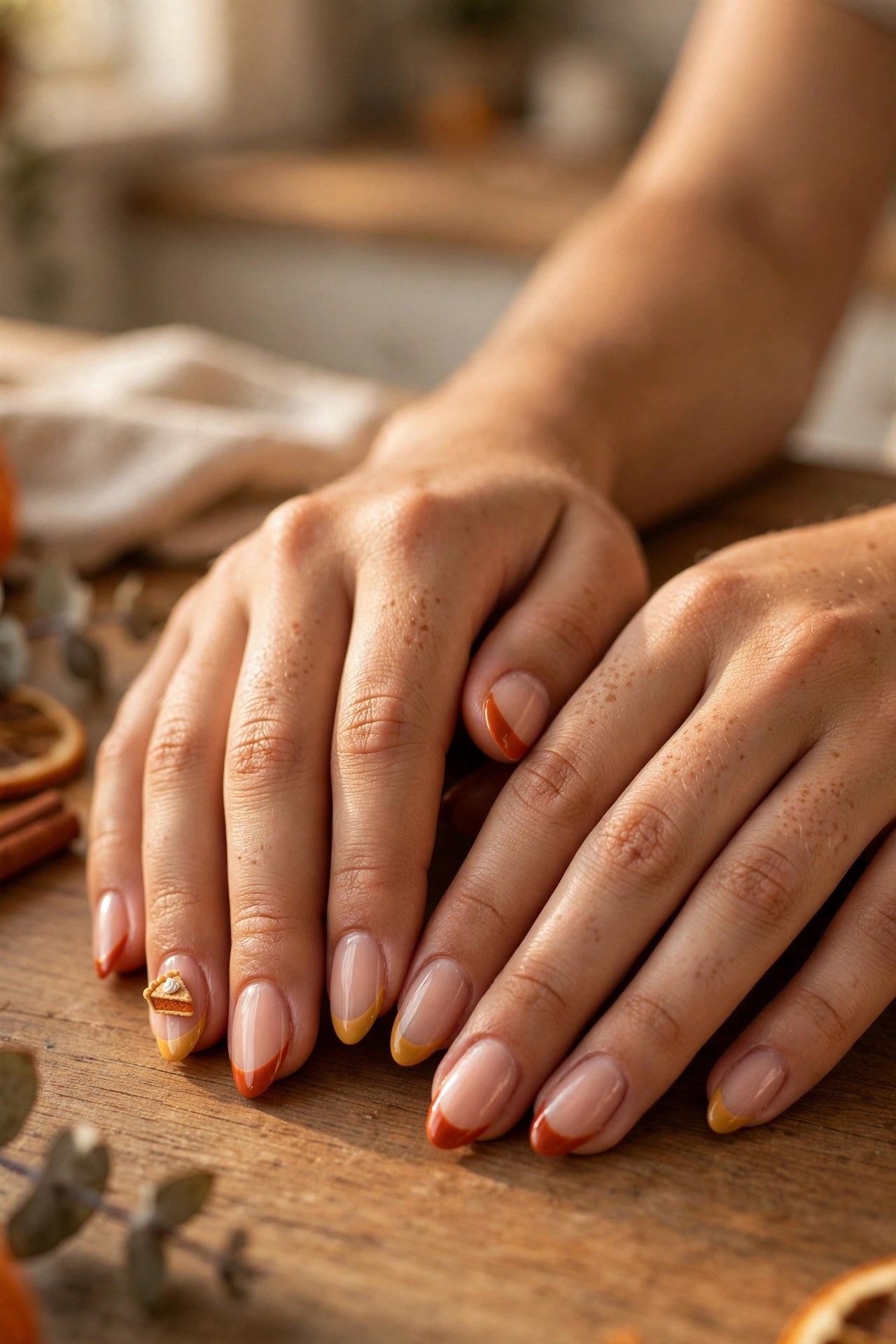 Teen hands with light brown skin and French tip nails in fall colors with a tiny pumpkin pie design