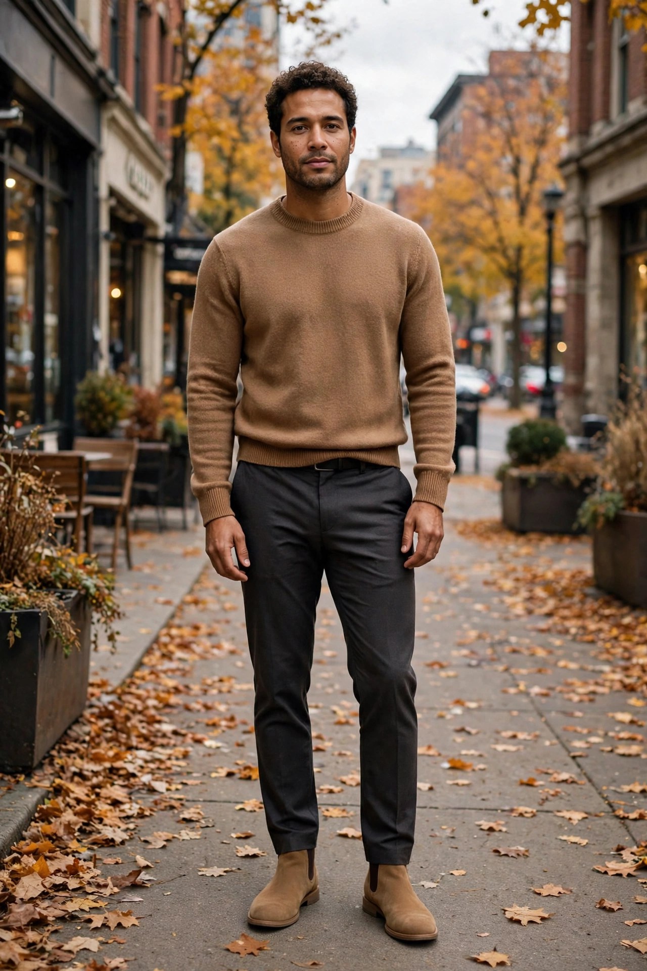 Man in his 30s with curly hair wearing a brown sweater and chelsea boots on a downtown sidewalk