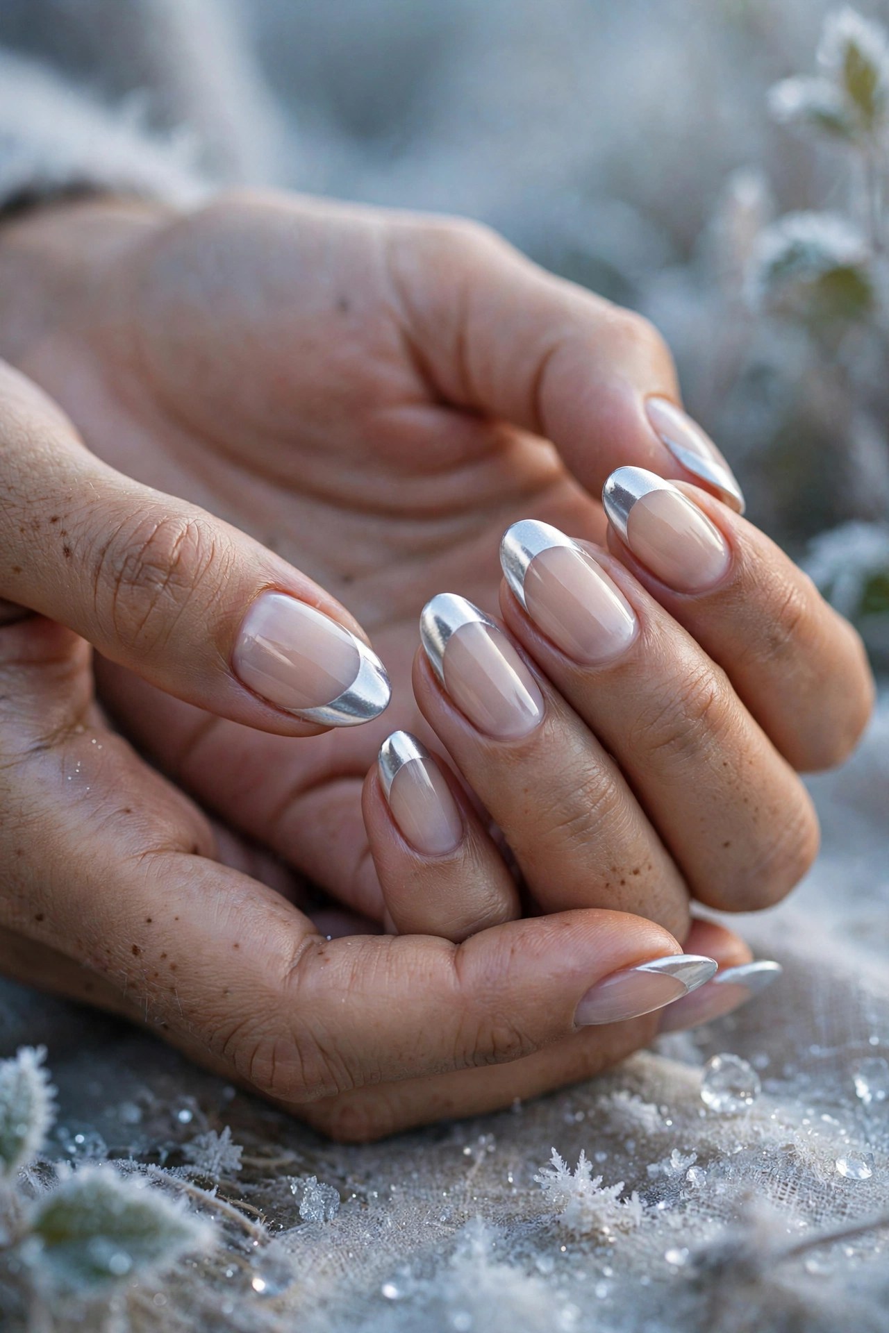 Hands with light brown skin and French tip nails with icy white chrome tips