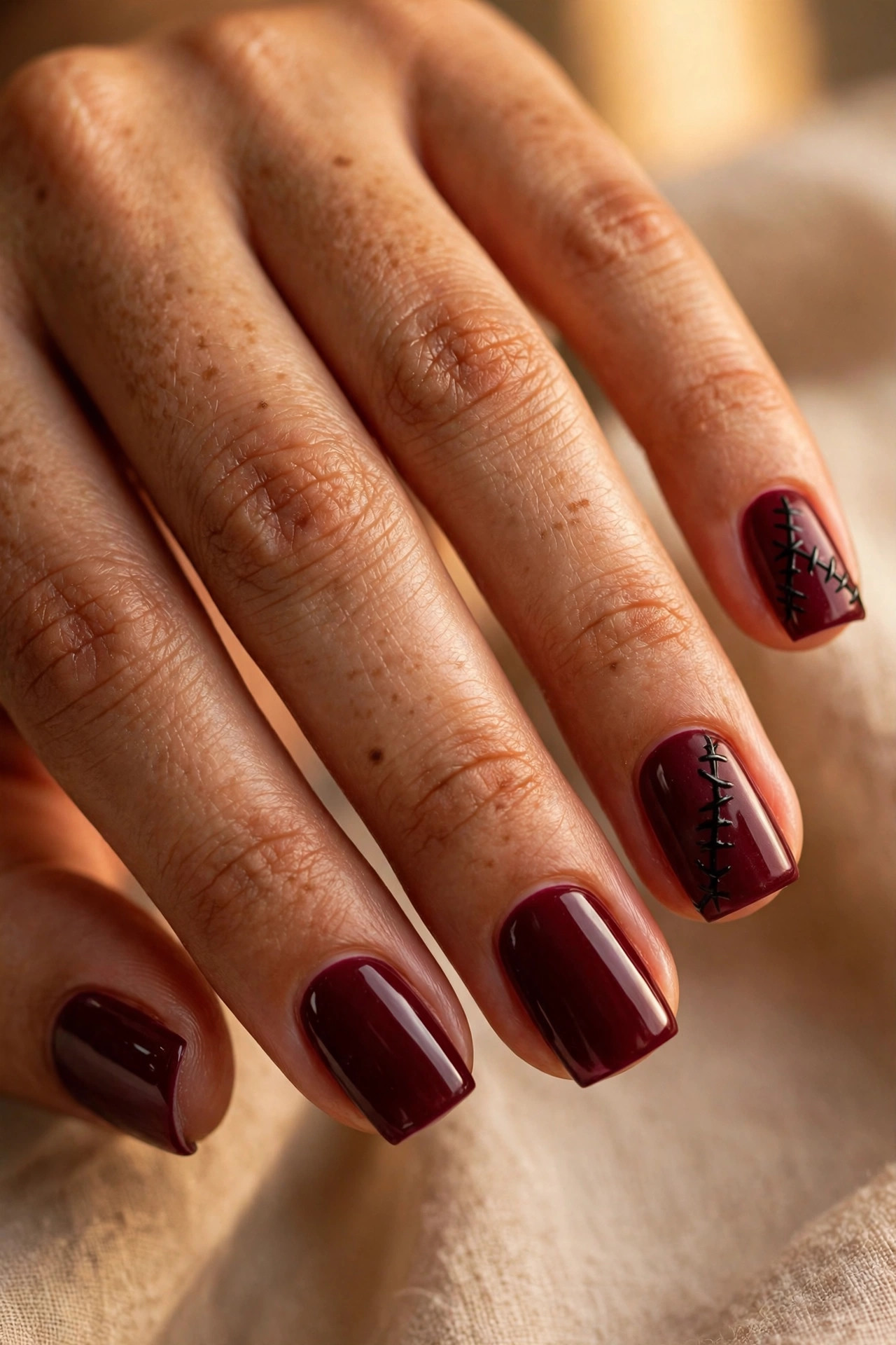 Square nails with stitched line nail art details on burgundy polish