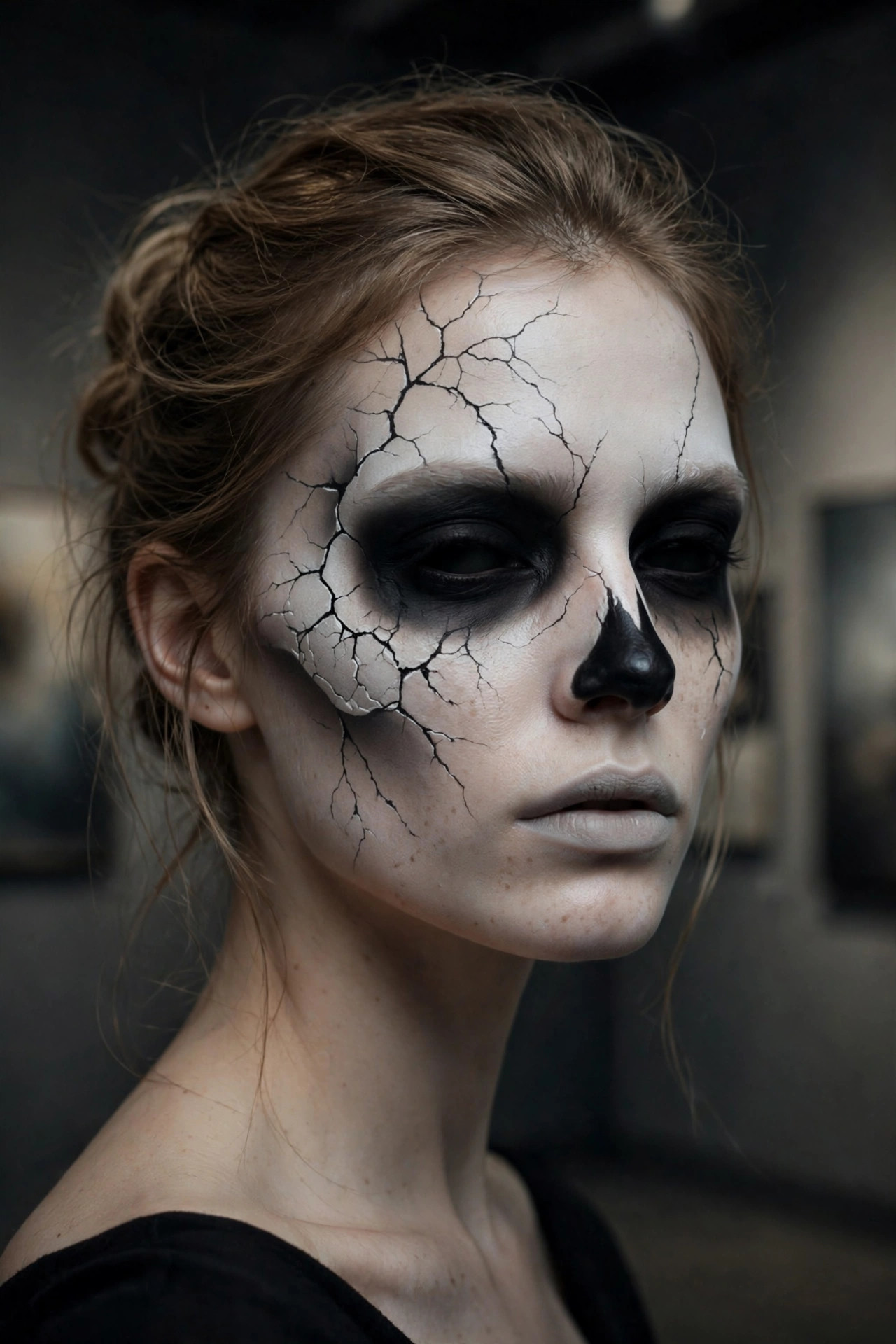 Woman with cracked porcelain skull Halloween makeup and fine crack lines