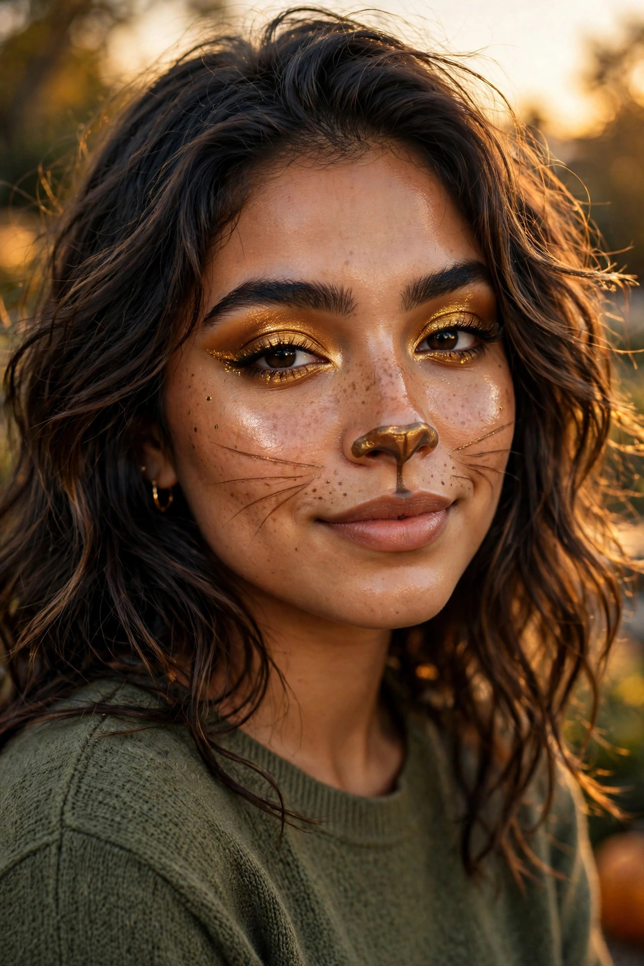 Teen girl with golden glow cat Halloween makeup, gold shimmer and bronze whiskers