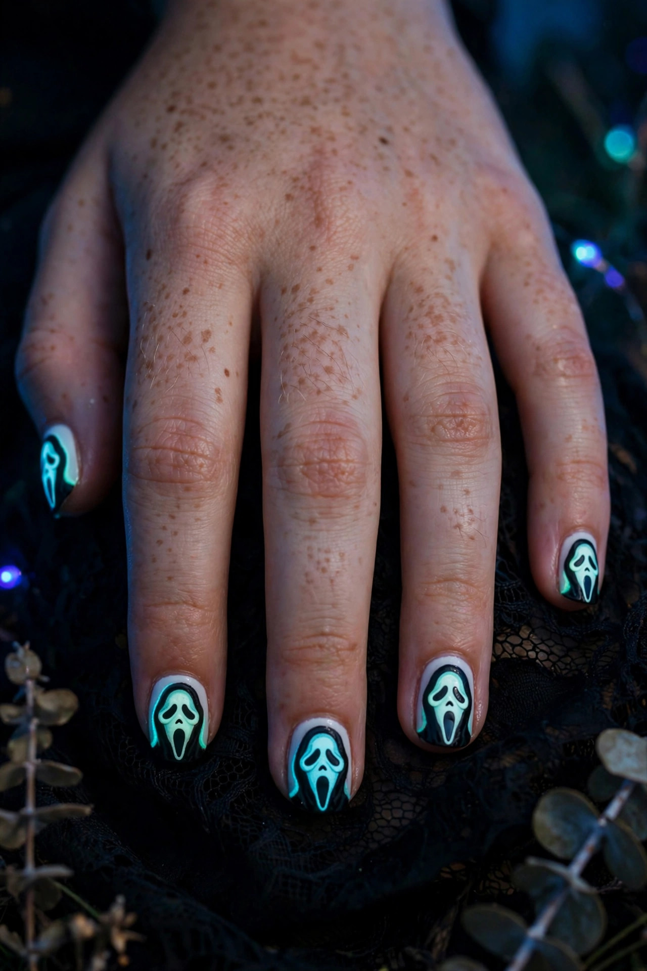 Teen hand with glow-in-the-dark Ghostface nail art glowing at night