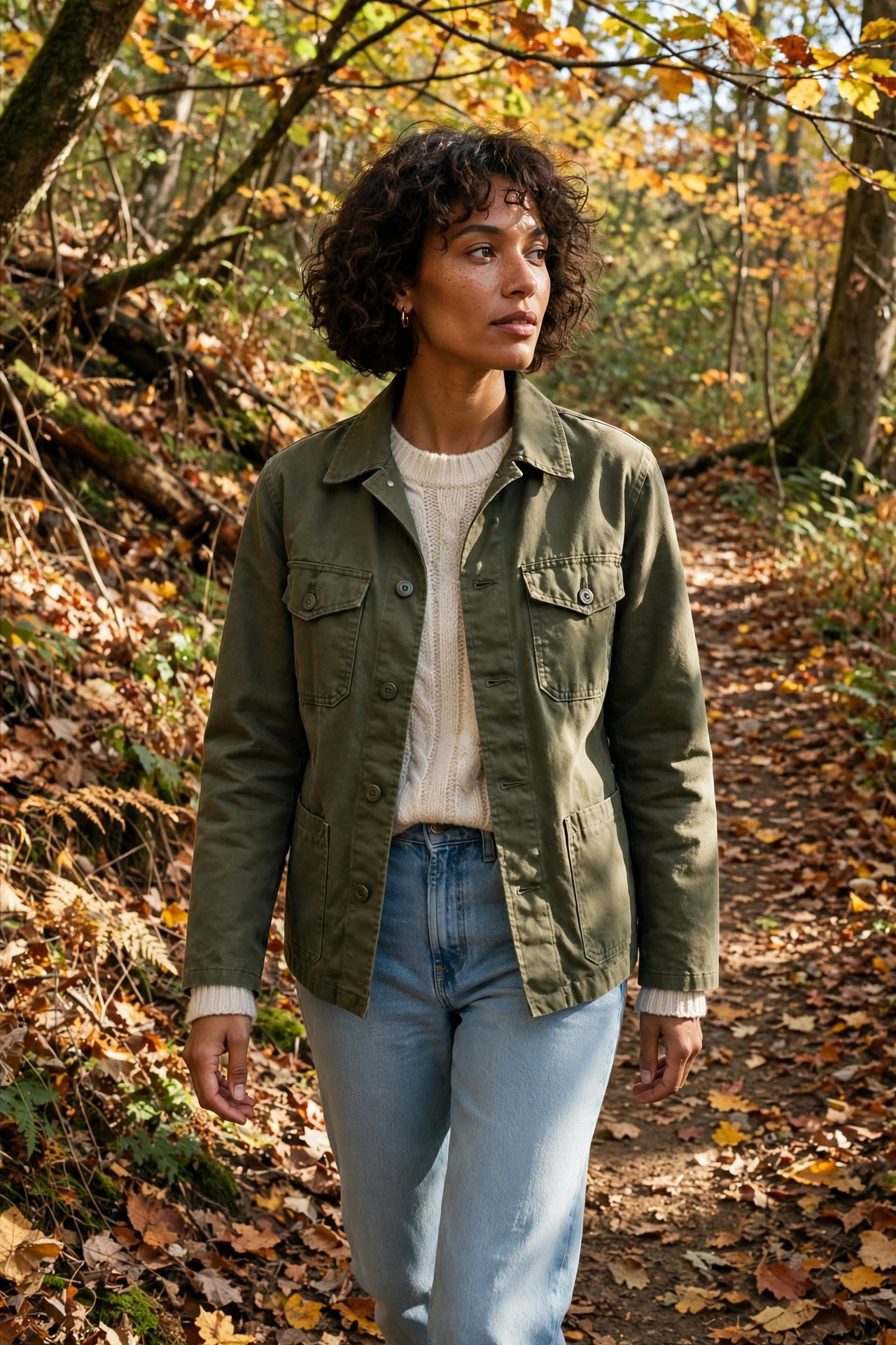 Woman with a curly bob wearing an olive barn jacket over a cream sweater and jeans on an autumn woodland trail