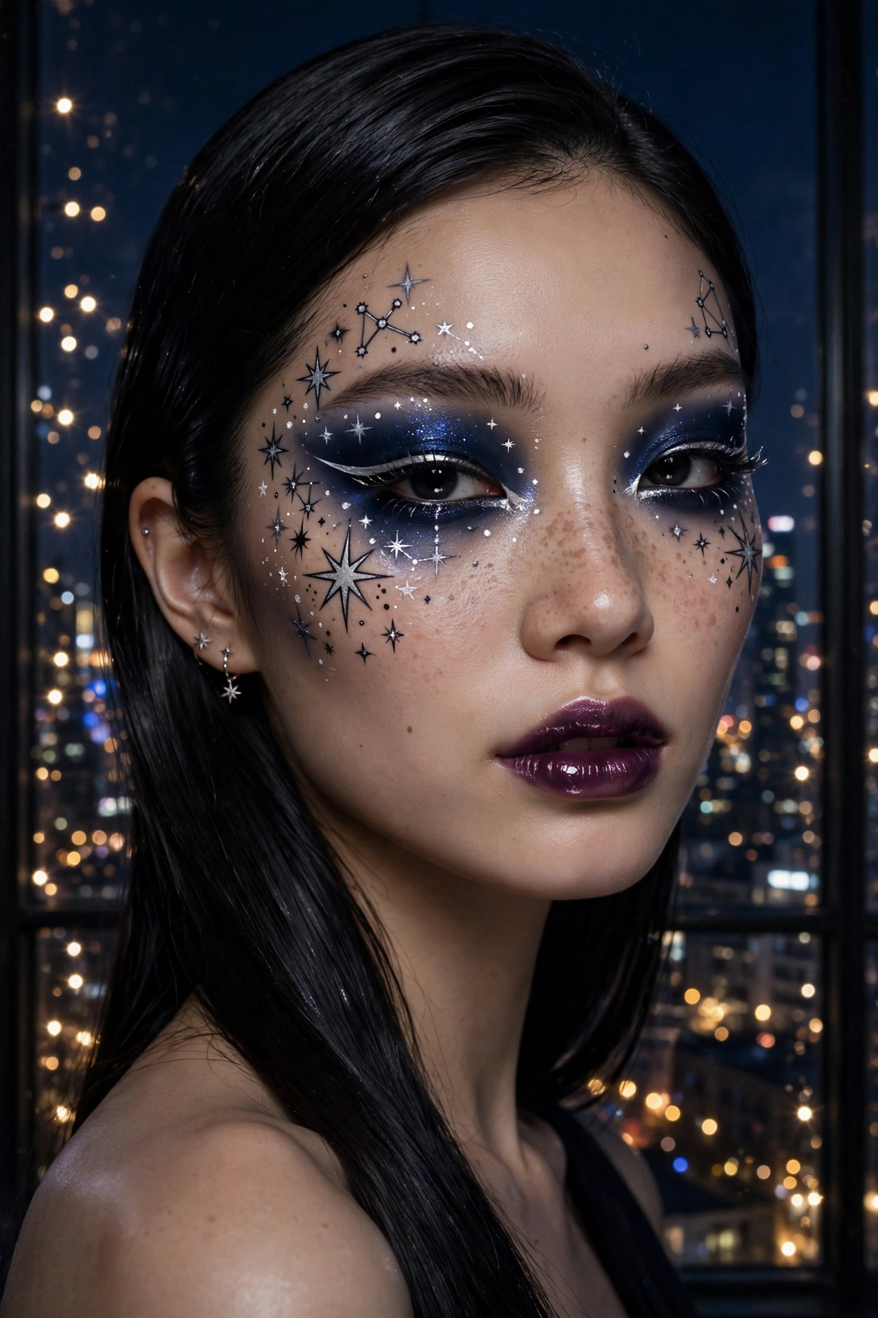 Photorealistic portrait of a woman wearing starry night navy and silver witch makeup