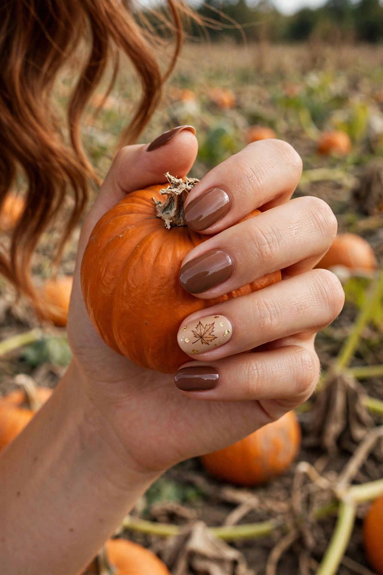 Oval mocha brown nails with a hand-painted maple leaf accent nail and gold foil flecks, holding a small pumpkin
