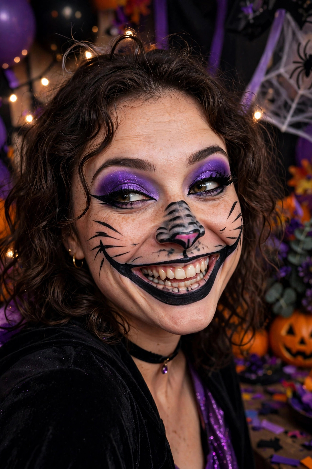 Woman with Cheshire grin cat makeup for Halloween party, wide painted grin and whiskers