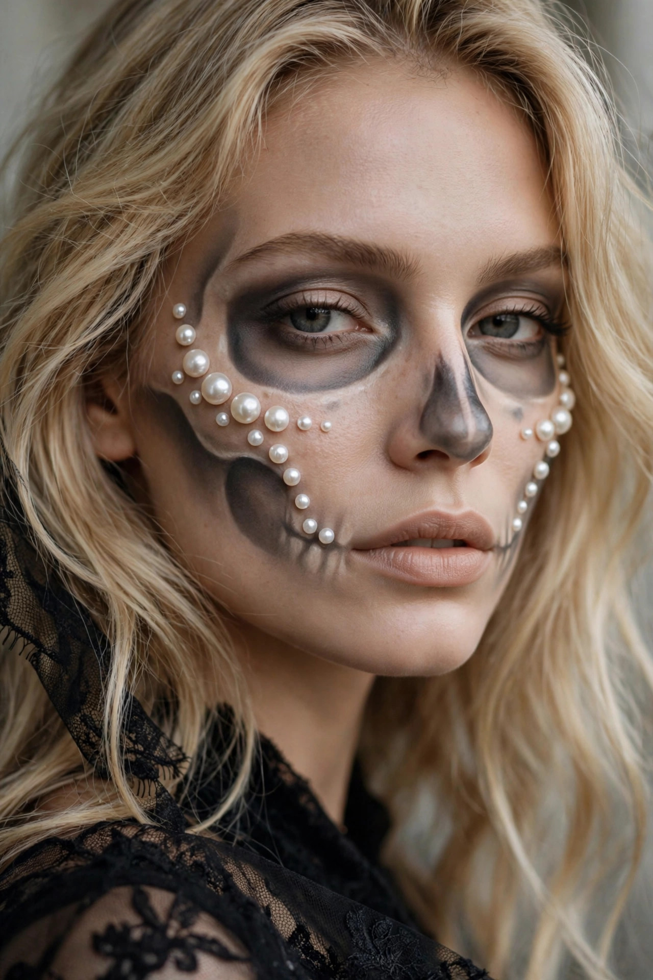 Woman with pearl-embellished glam skull Halloween makeup