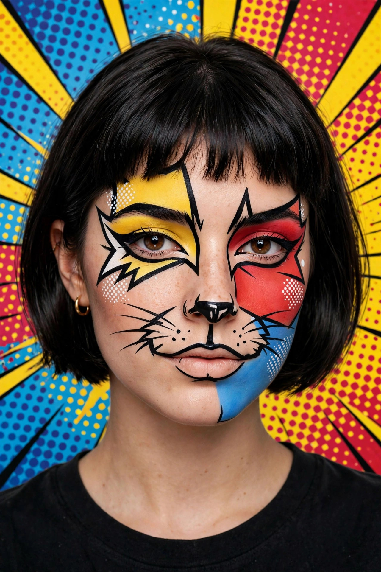 Woman with pop art cat Halloween makeup, comic-style graphic outlines and bright colors