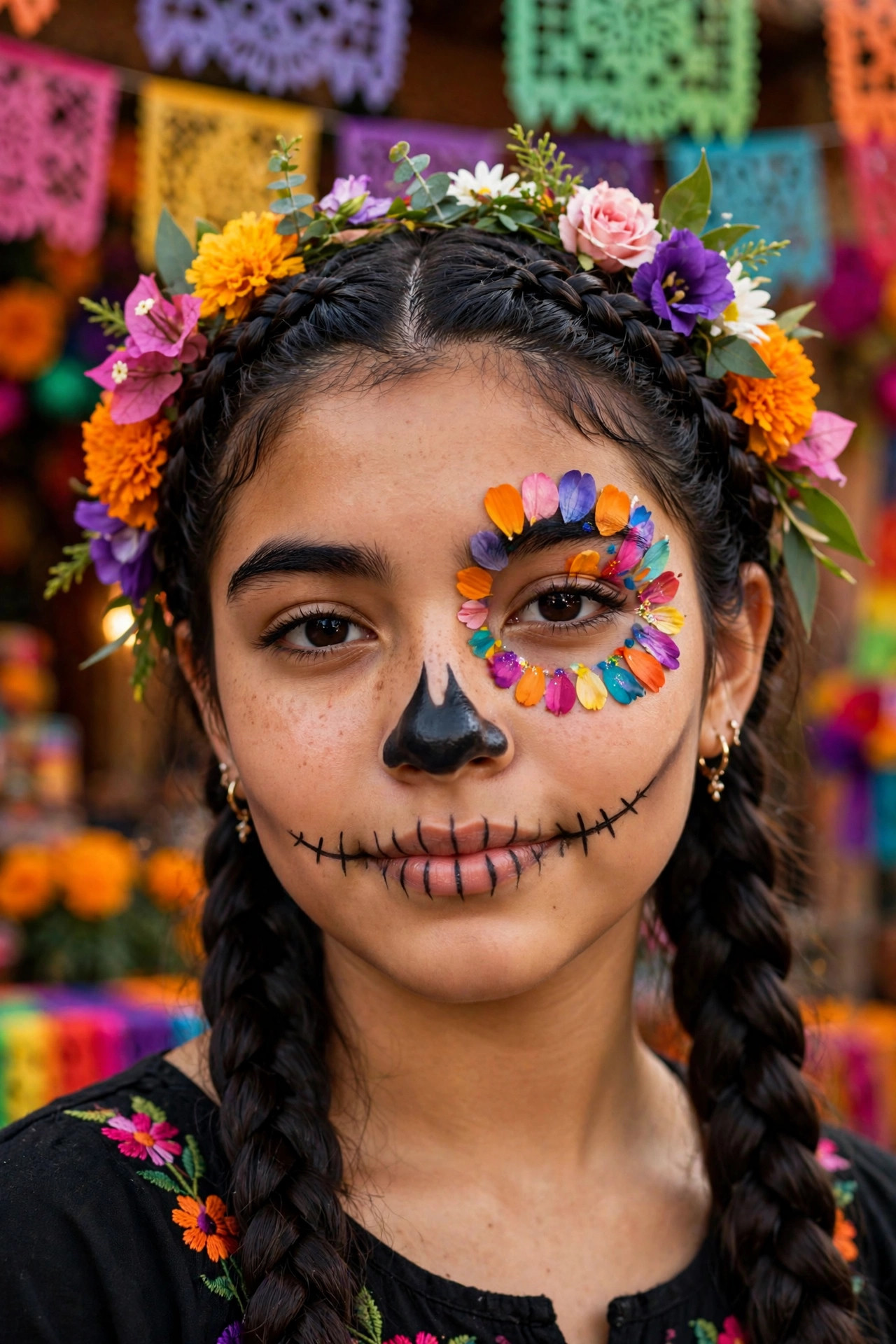 Teen girl with simplified sugar skull Halloween makeup, floral eye, and stitched smile