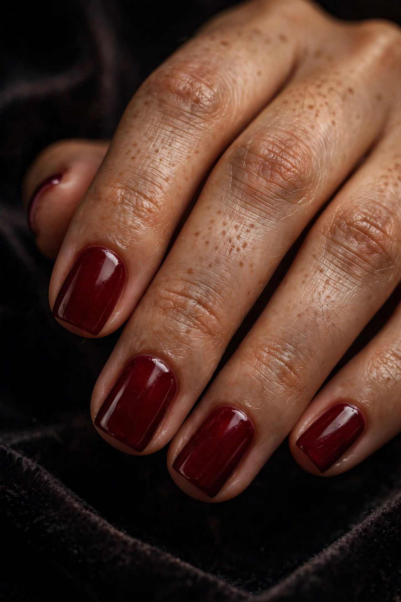 Short square nails with glossy deep bordeaux red polish