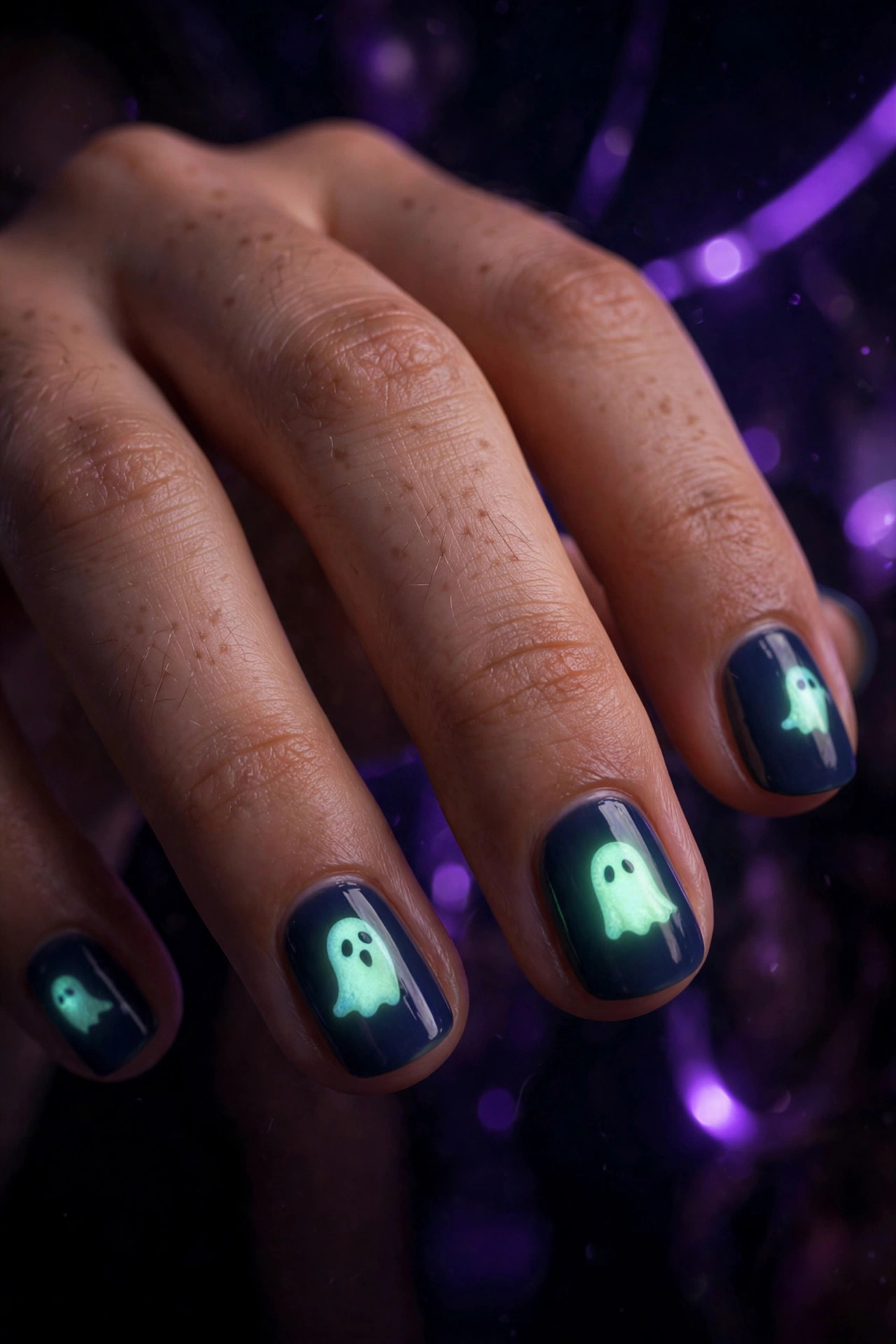 Teen hand with white ghost nail art glowing under blacklight