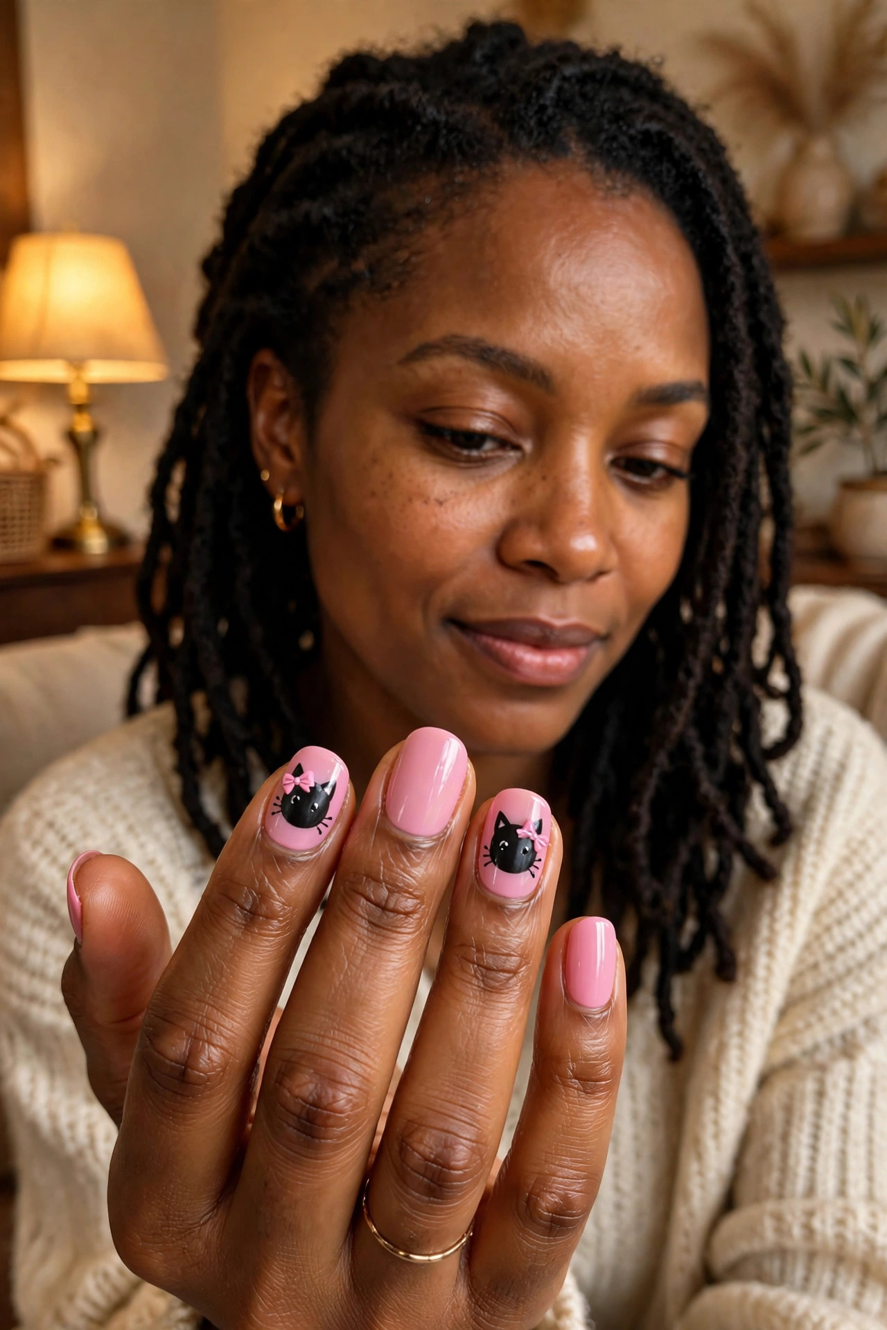 Pink short nails with black cat faces and tiny pink bows