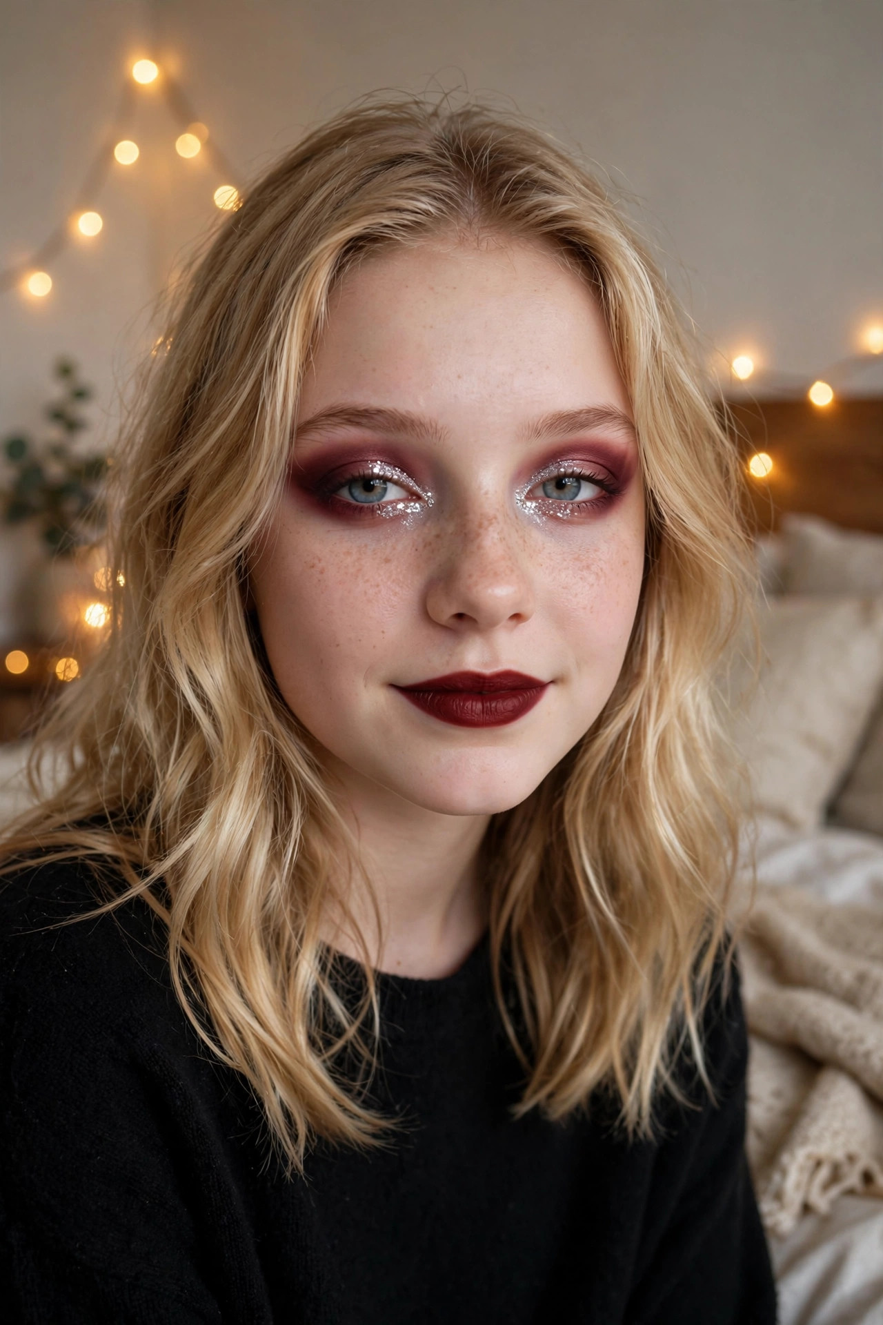 Teen with maroon eyeshadow and silver glitter at the inner corners of the eyes