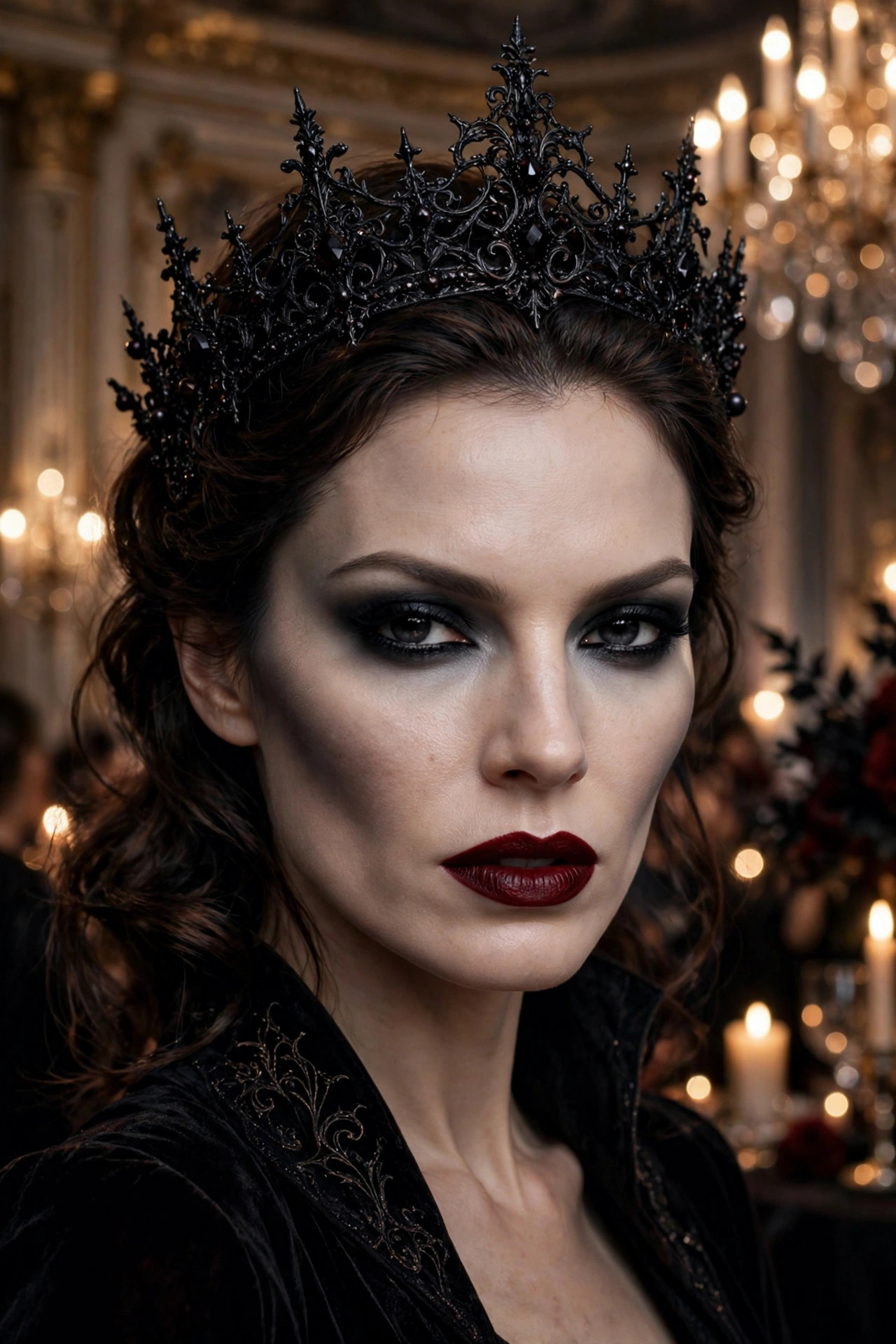Woman with regal vampire queen makeup wearing a crown headpiece