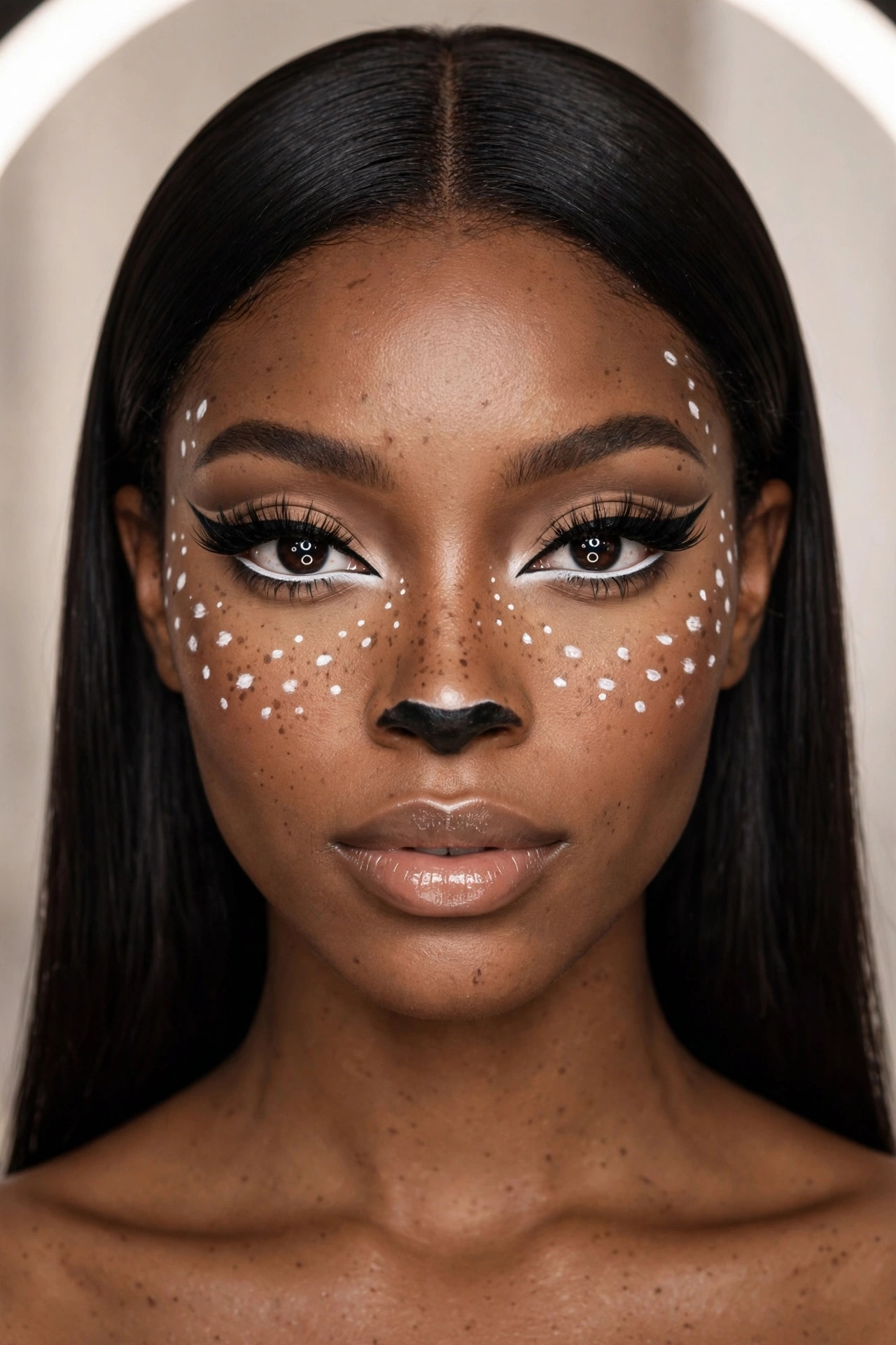 Woman with doe-eyed deer makeup for a party, dramatic lashes and white waterline under ring light