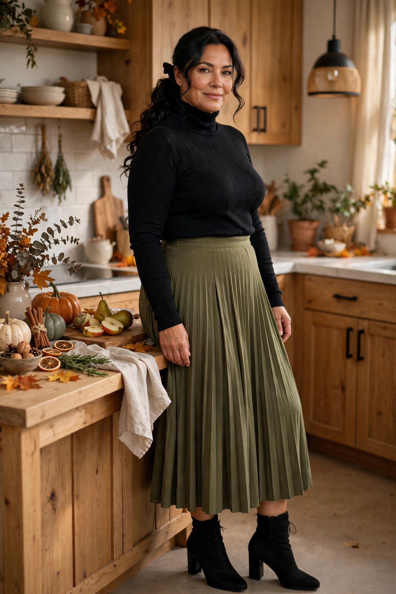 Plus-size woman in an olive pleated midi skirt and fitted black turtleneck at a kitchen prep table