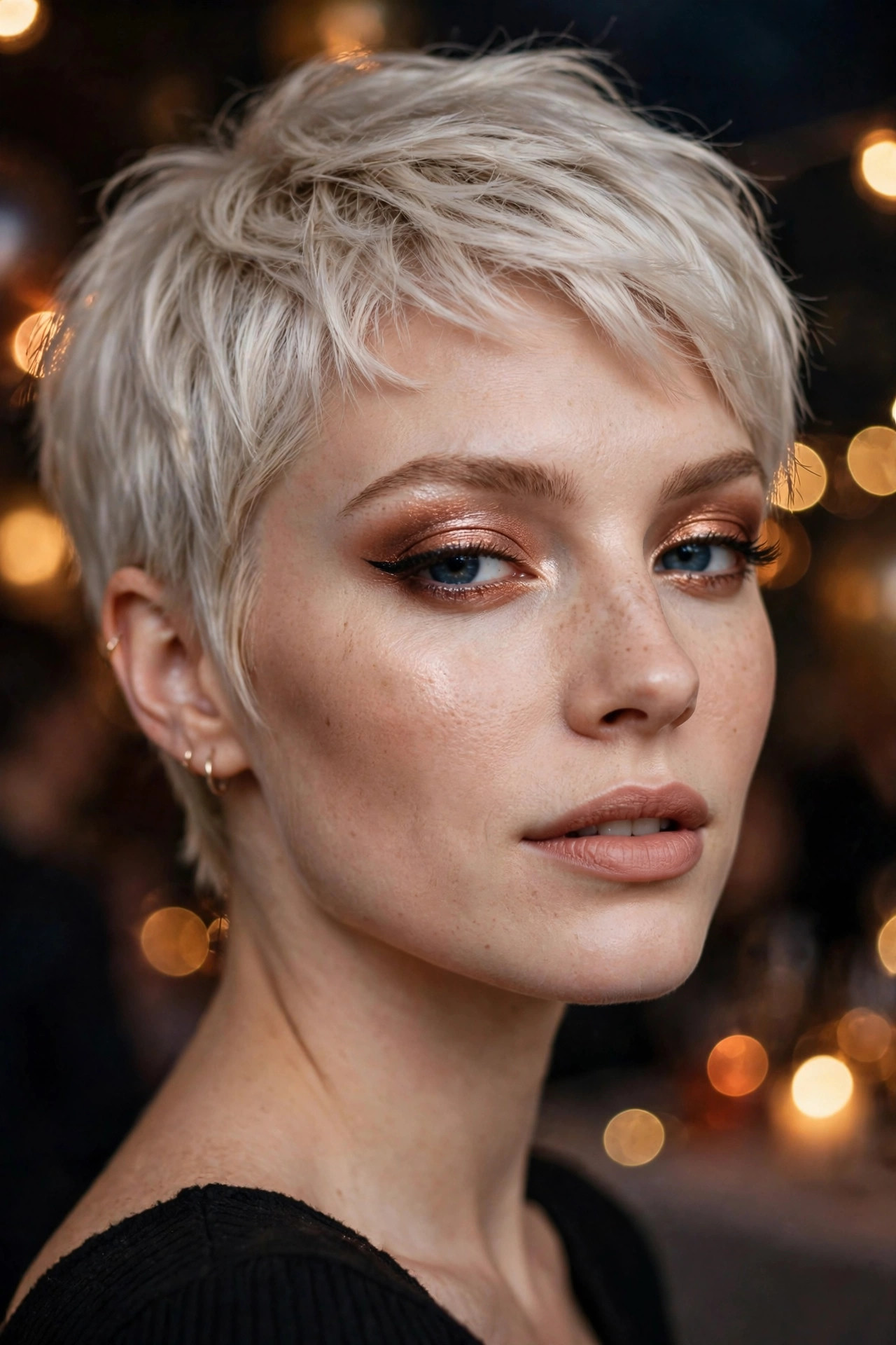 Close-up of a woman with a copper metallic eyeshadow lid and winged liner at a party