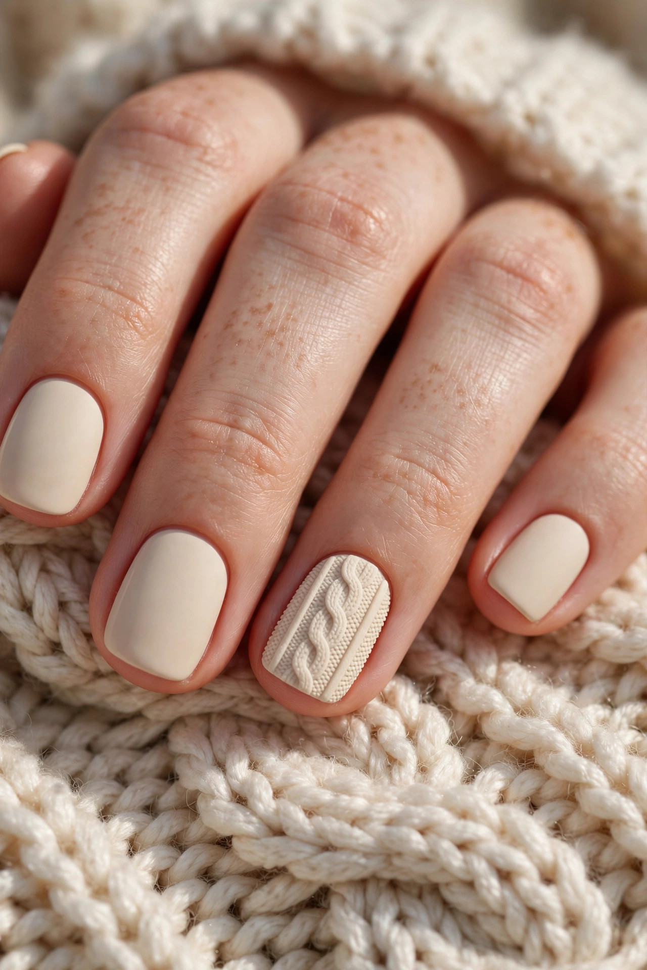 Short cream nails with a cable-knit sweater texture on one accent nail