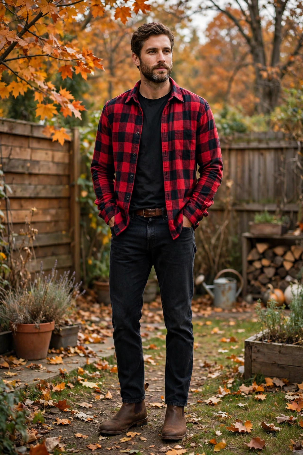 Bearded man in his thirties wearing a red flannel shirt with dark jeans and brown boots in a backyard