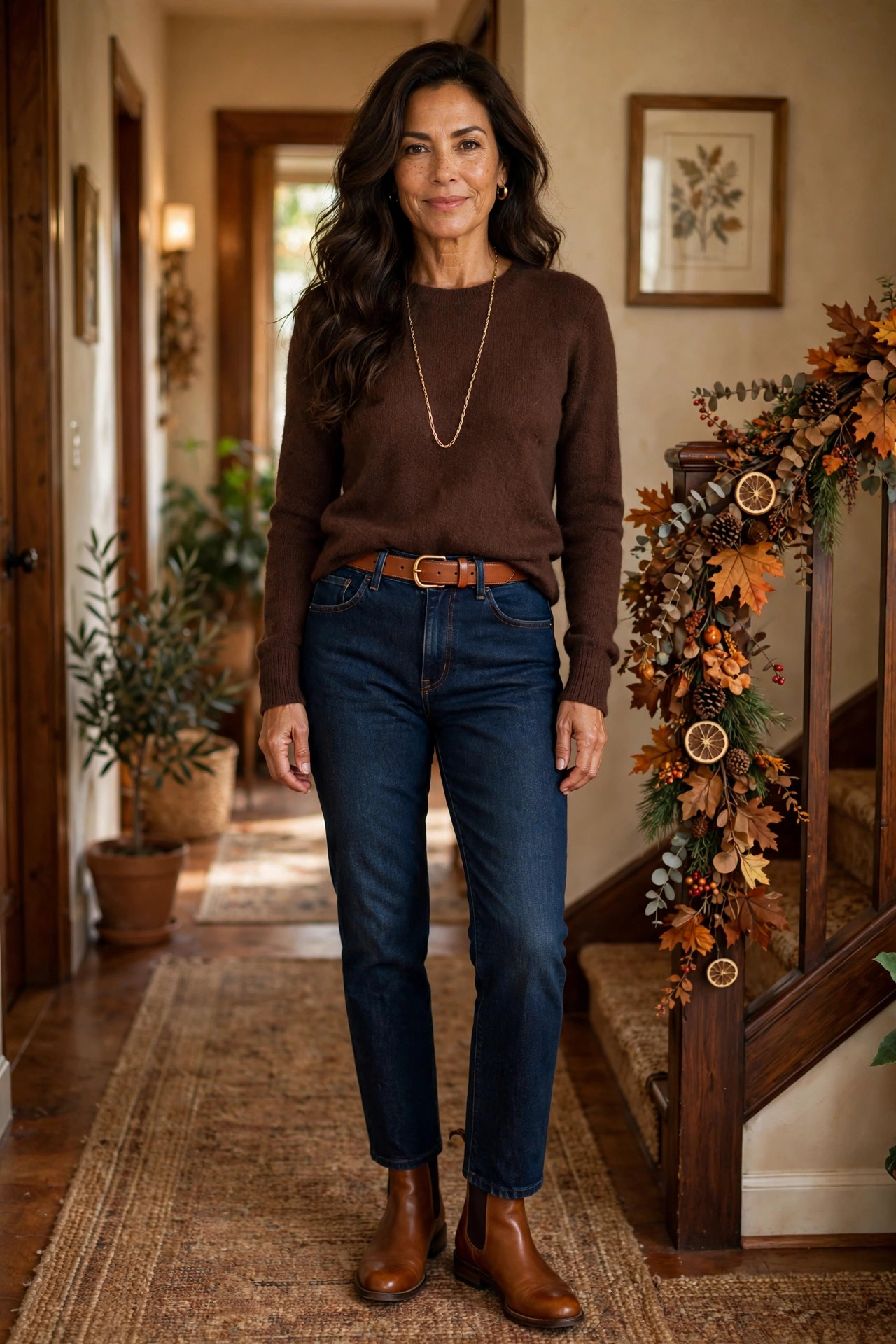 Woman over 50 in a chocolate brown sweater with straight dark jeans and chelsea boots
