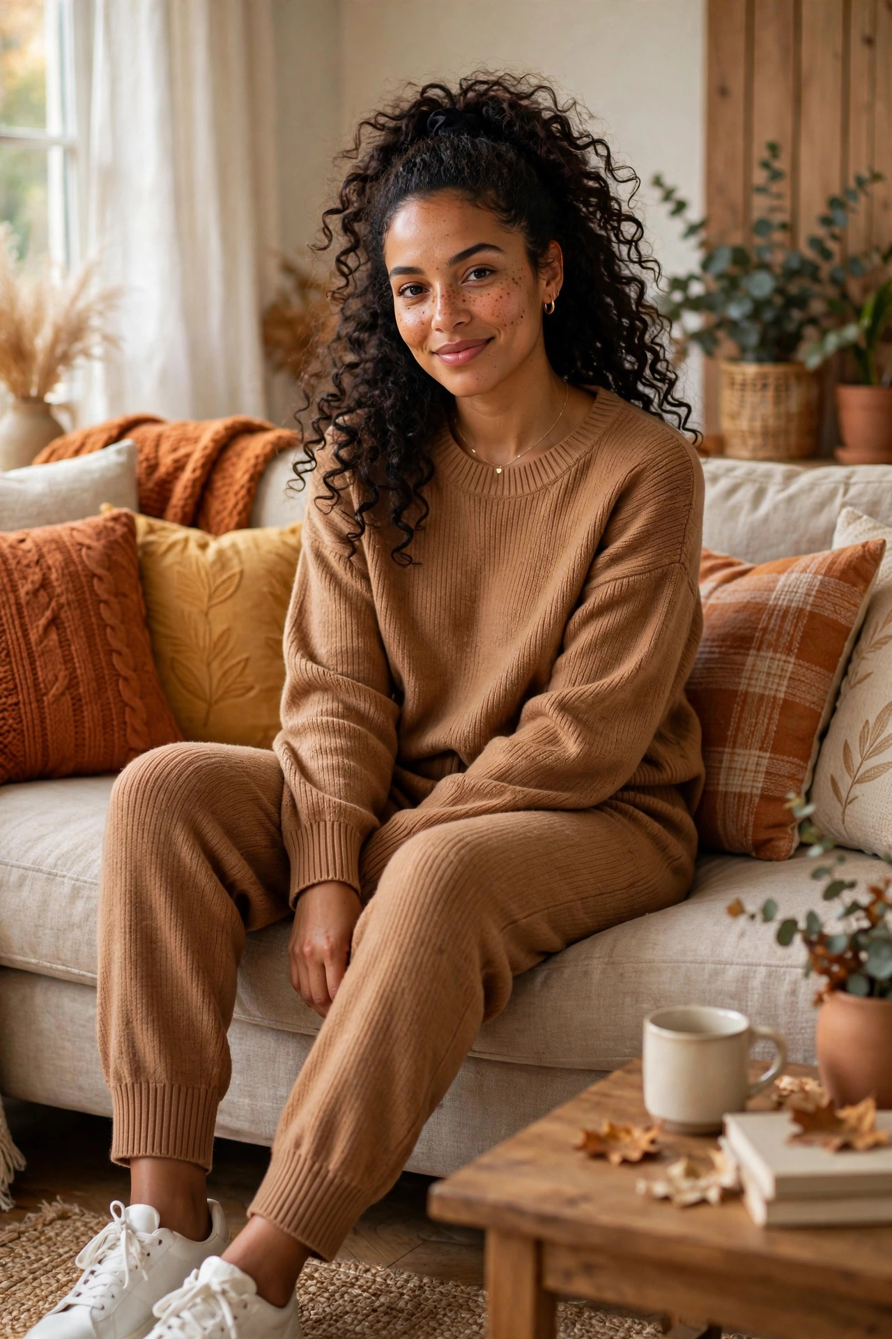 Young woman in a matching knit sweater and pants set on a living room sofa