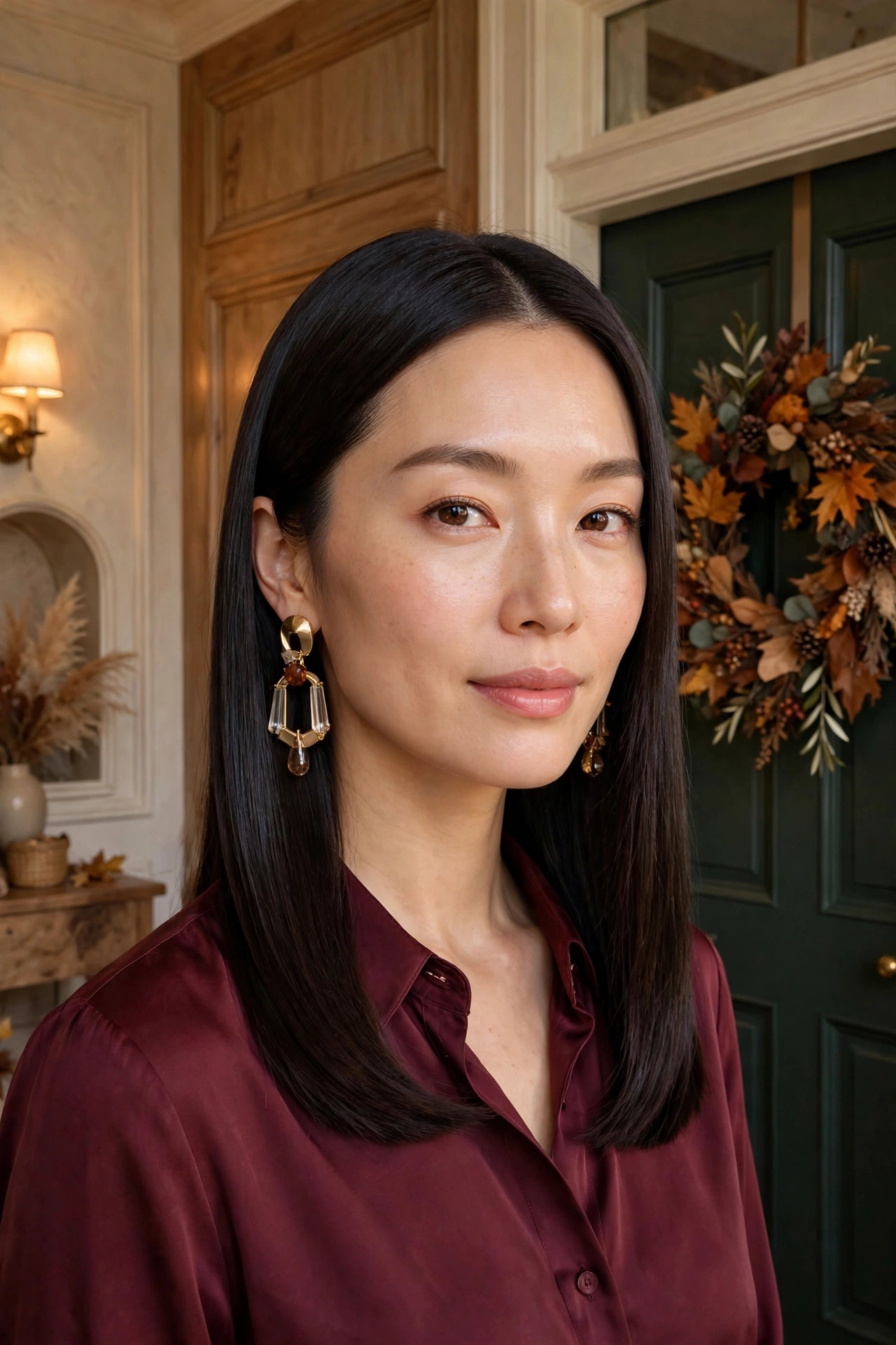 Woman with sleek straight hair in an entryway