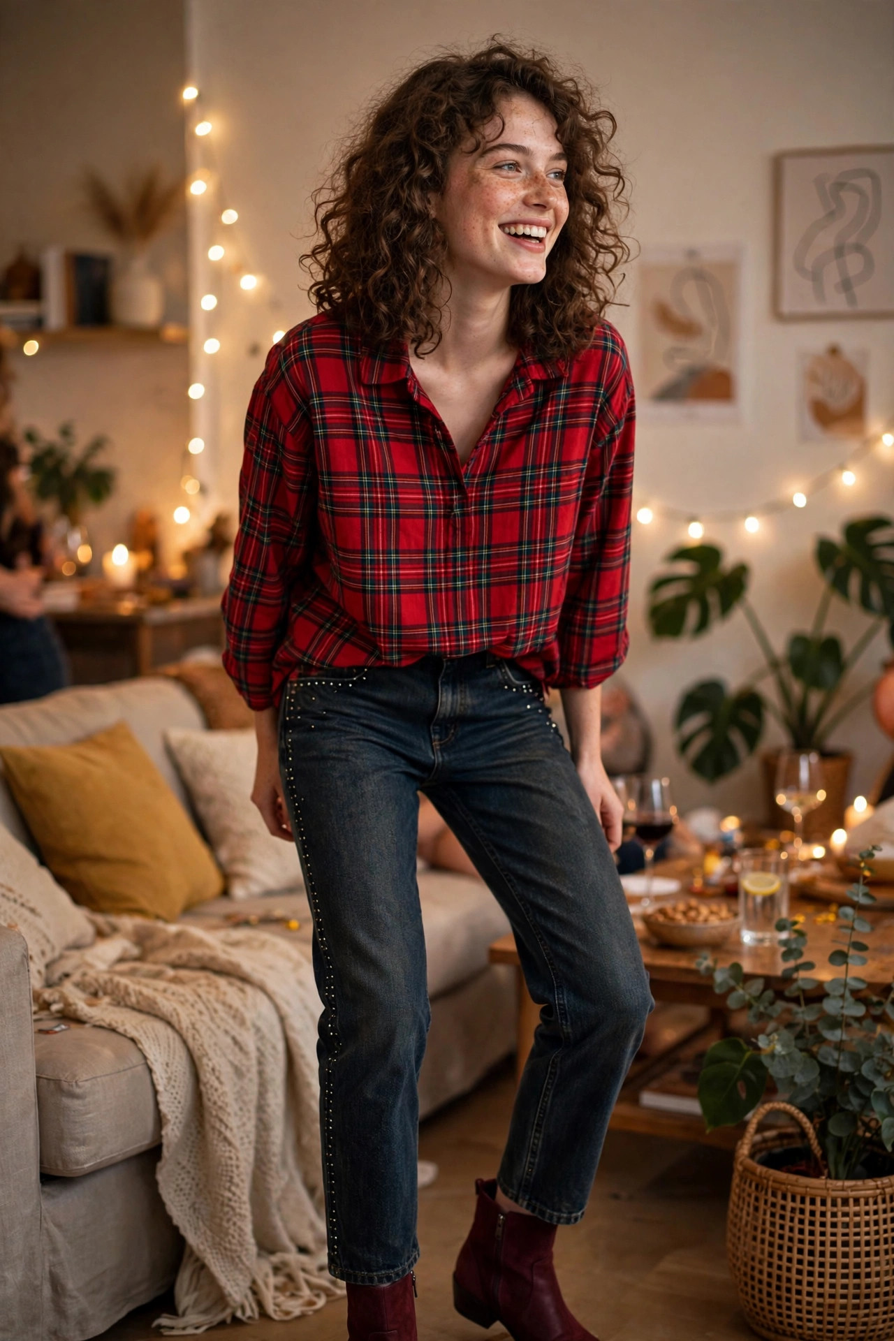 Young woman in studded dark denim with a plaid popover top and burgundy booties