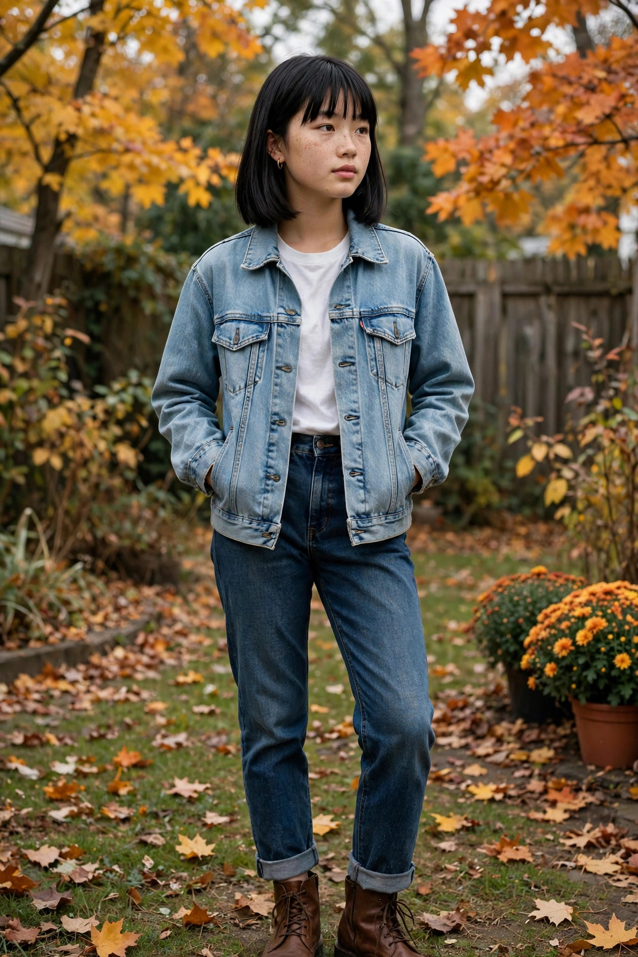 Teen girl in a denim jacket with jeans and boots in a backyard