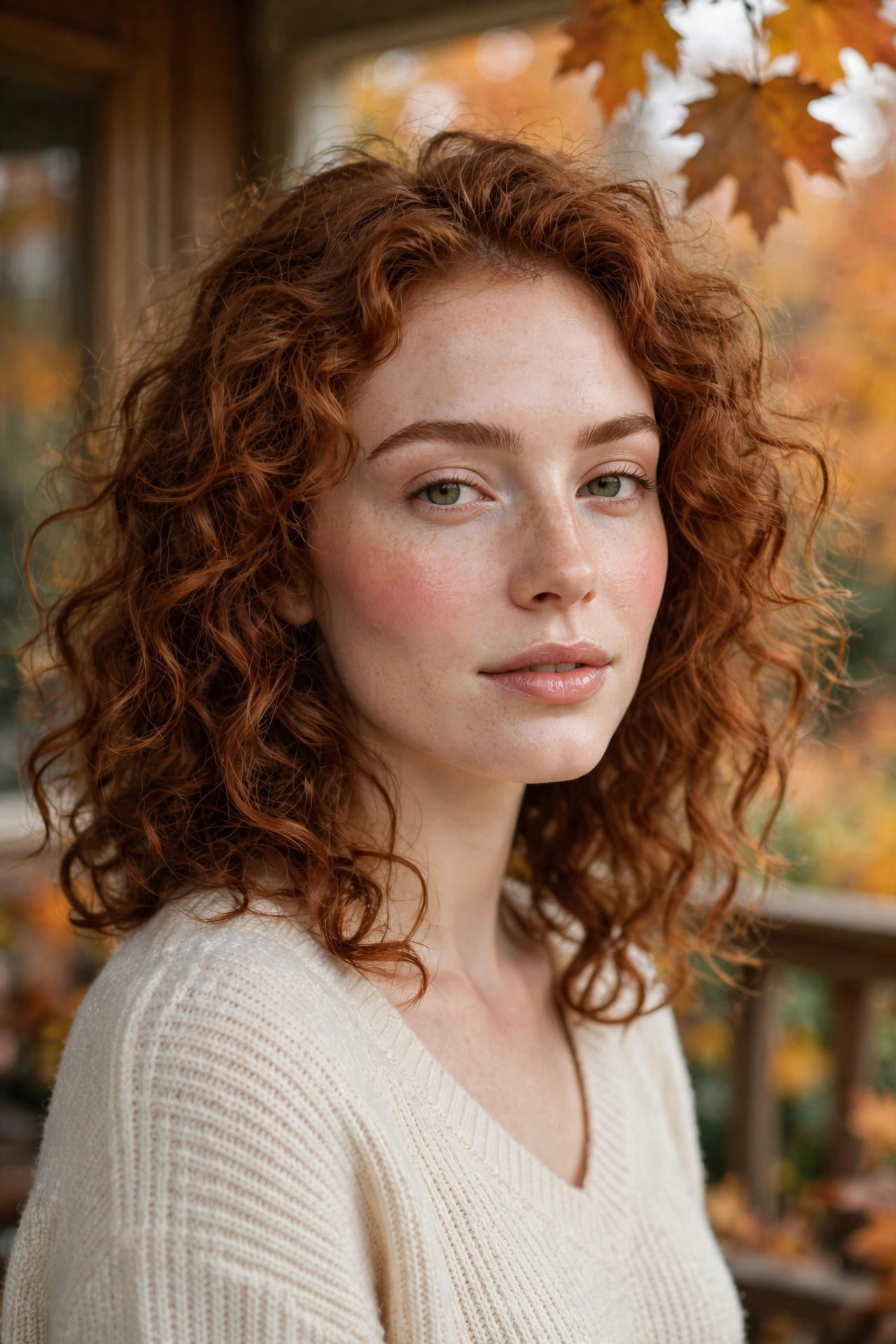 Fair-skinned redhead with natural curls wearing rosy cream blush and feathered brows on a porch with fall leaves