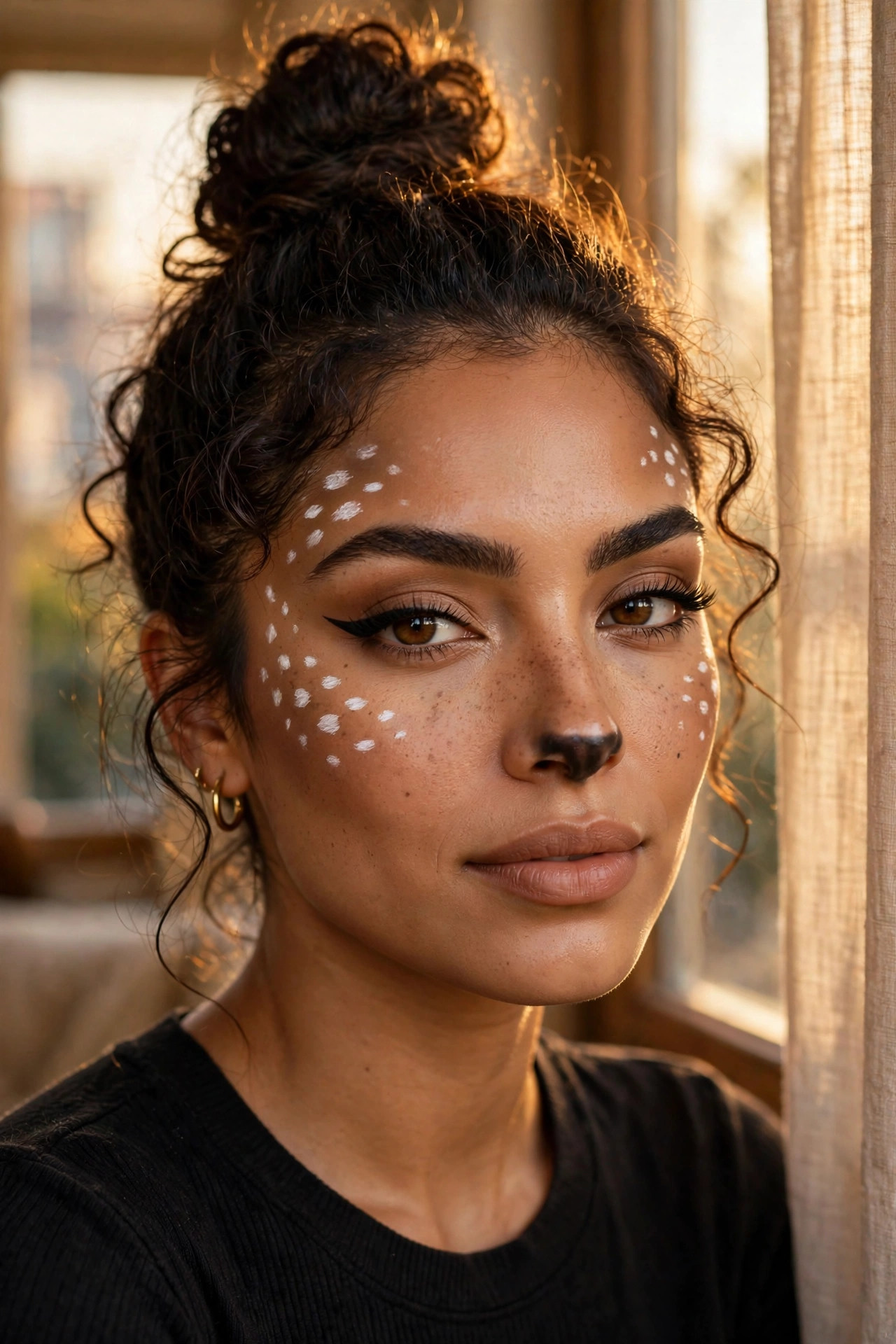Woman with quick deer Halloween makeup, fawn spots and darkened nose, topknot hairstyle