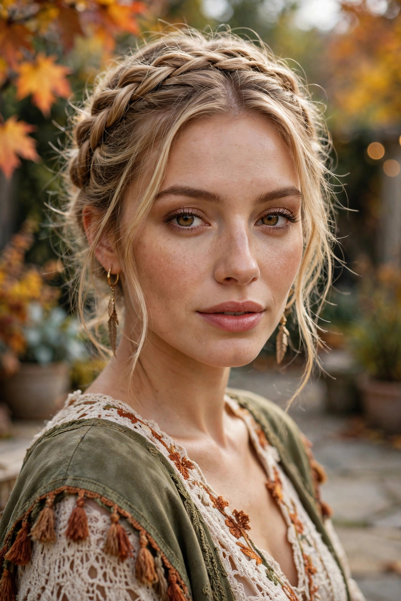 Woman in her late 20s with honey-blonde hair in a braided crown on a garden patio with fall leaves