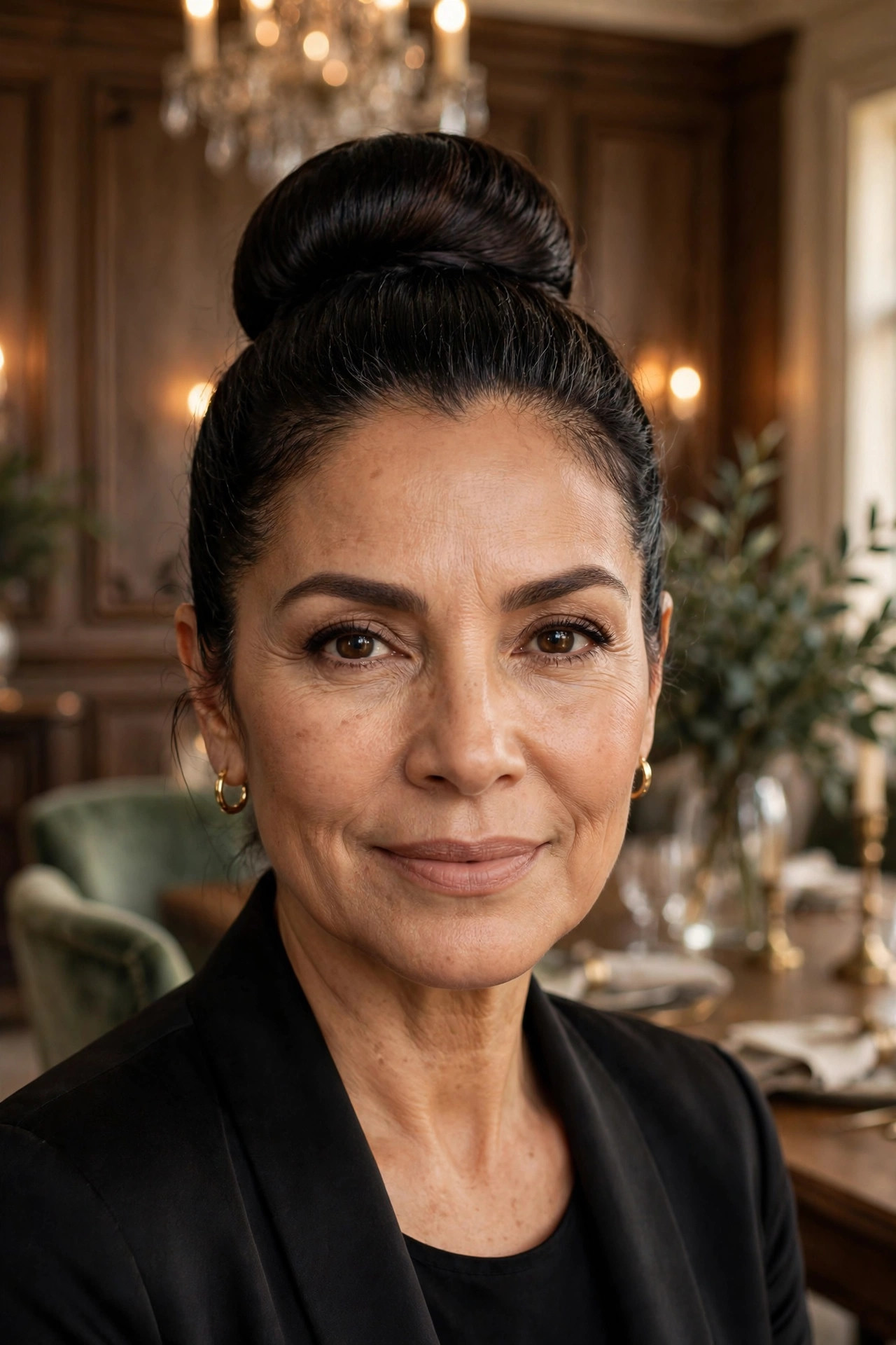 Latina woman in her late 50s with dark hair in a polished high ballerina bun in a dining room