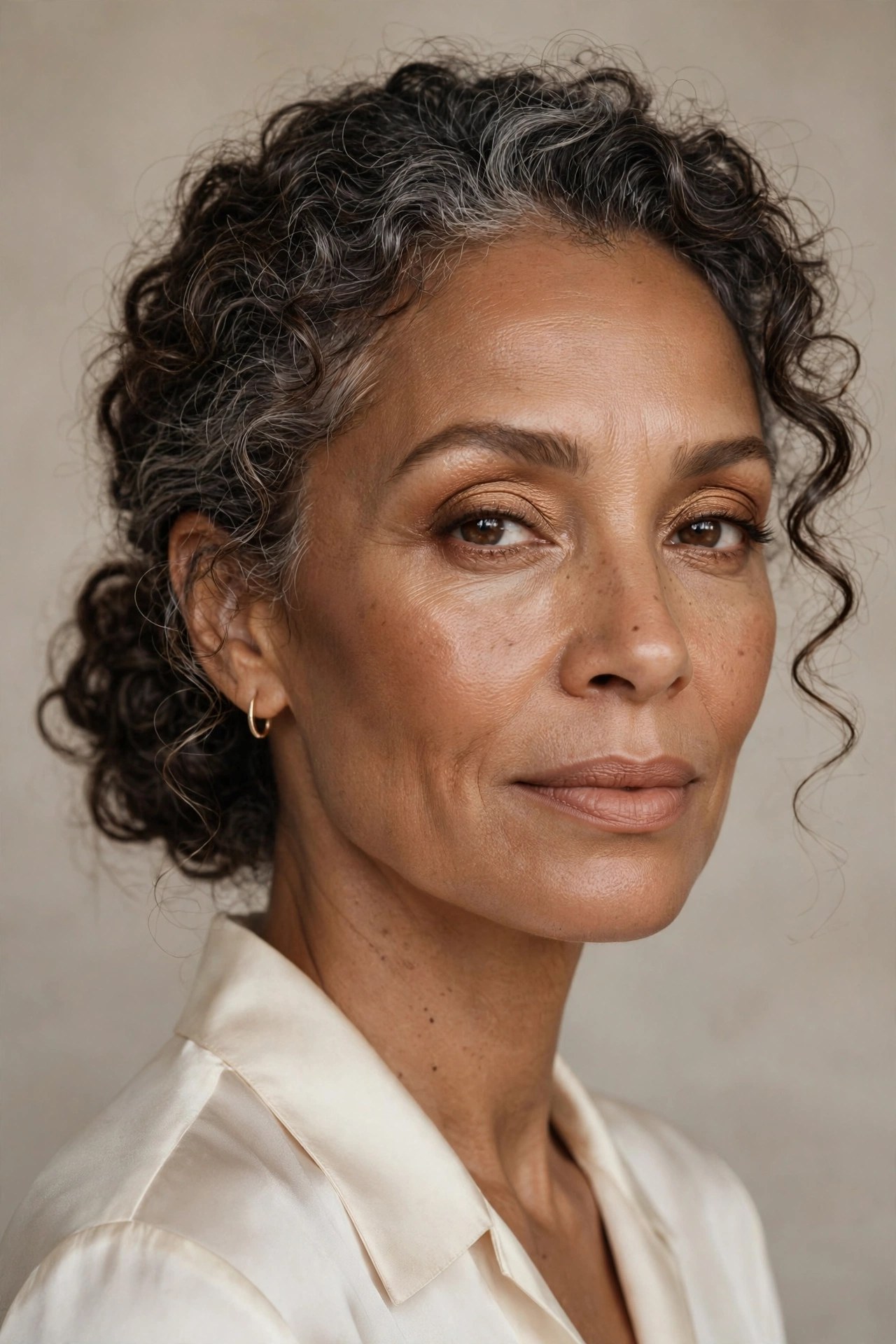 Woman in her early 50s with gray-streaked curly hair wearing nude lipstick and defined brows