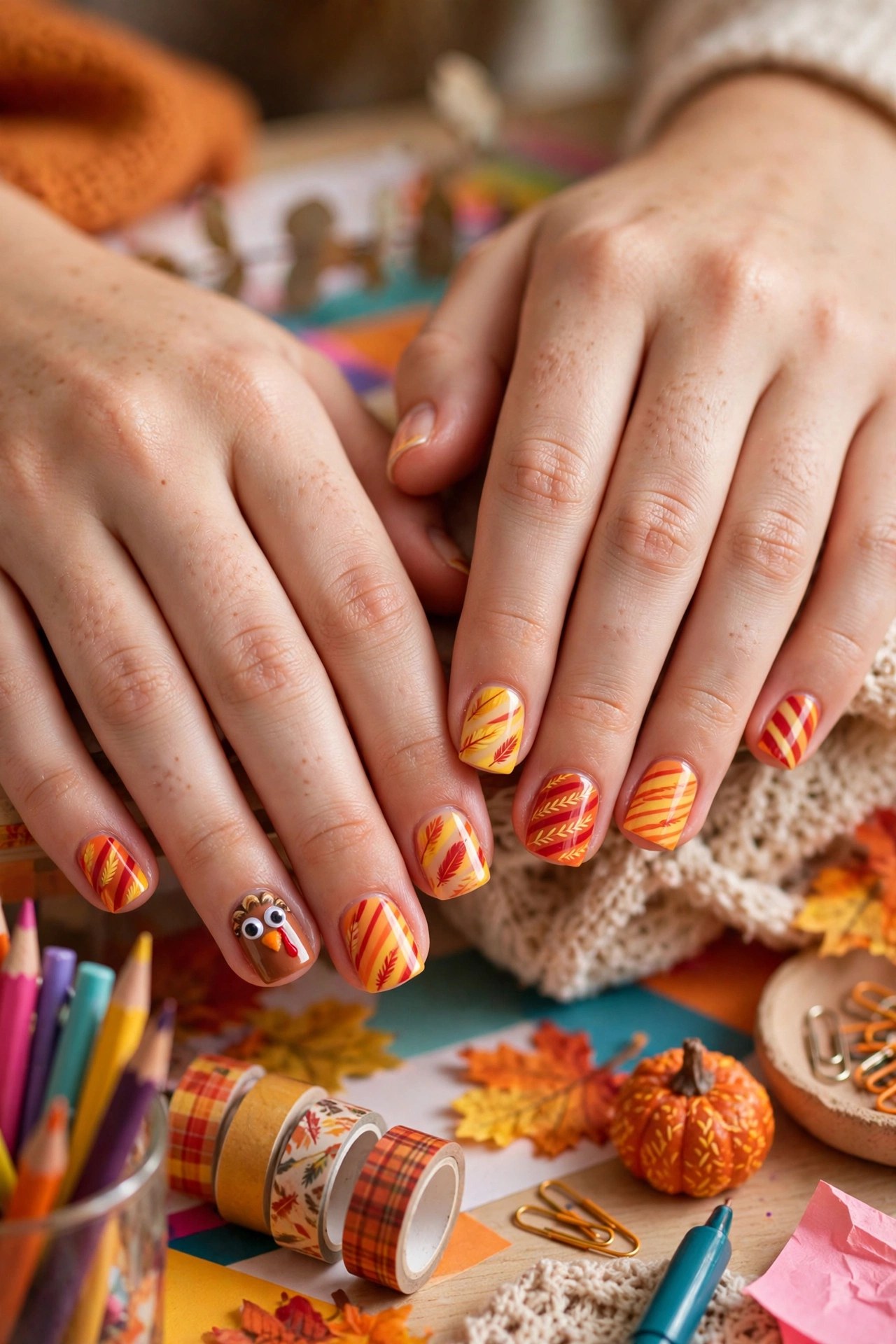 Teen hands with fair skin and short square nails with playful googly-eye turkey nail art
