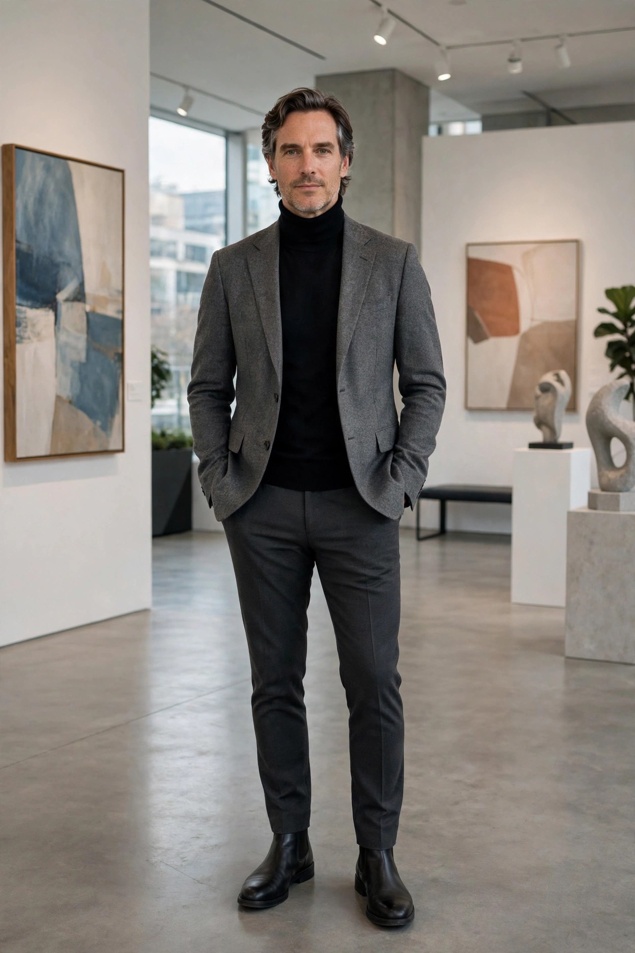 Man in his 40s wearing a black turtleneck under a gray blazer in an art gallery