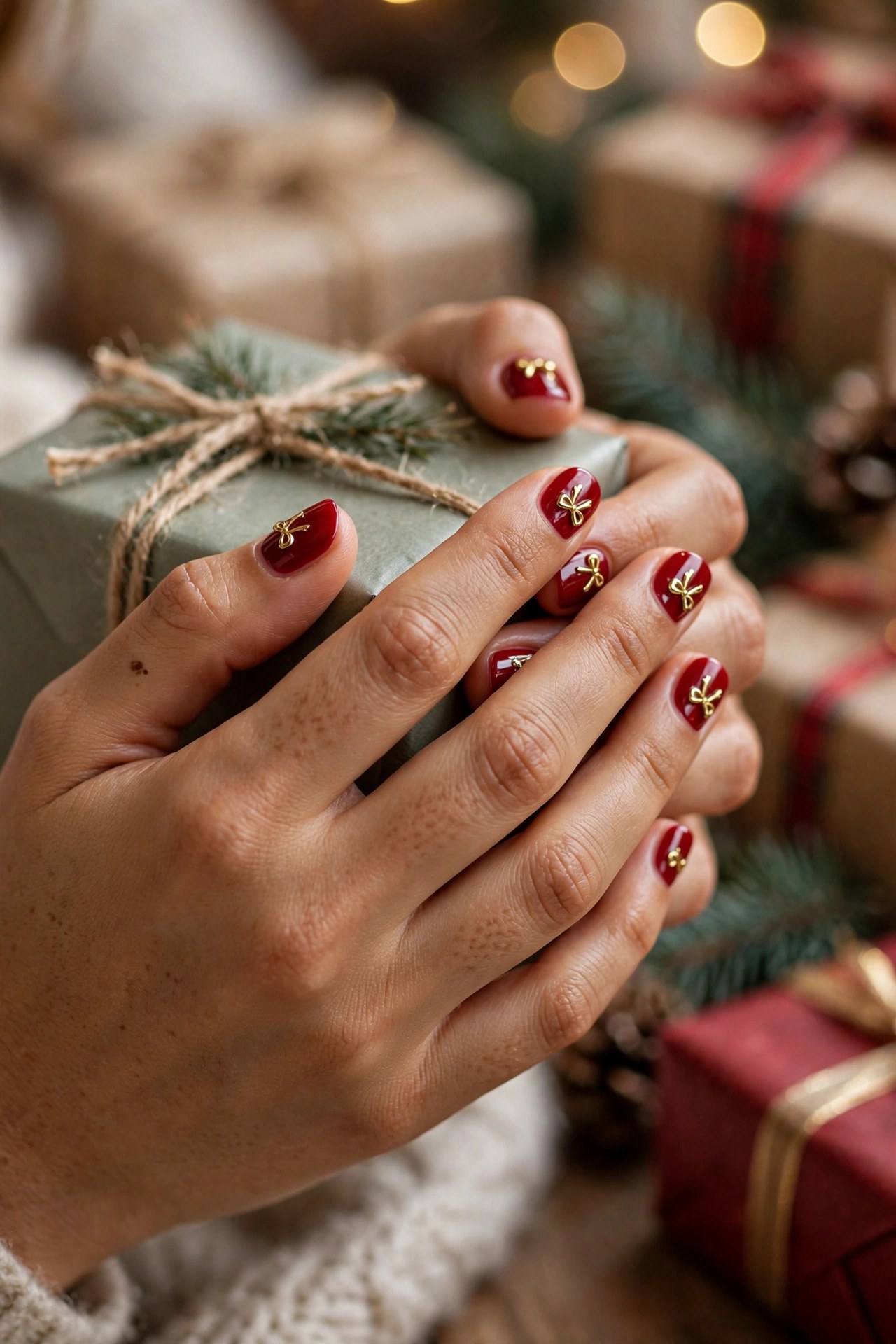 Hands with medium tan skin and short oval nails with tiny gold bow nail art on red polish