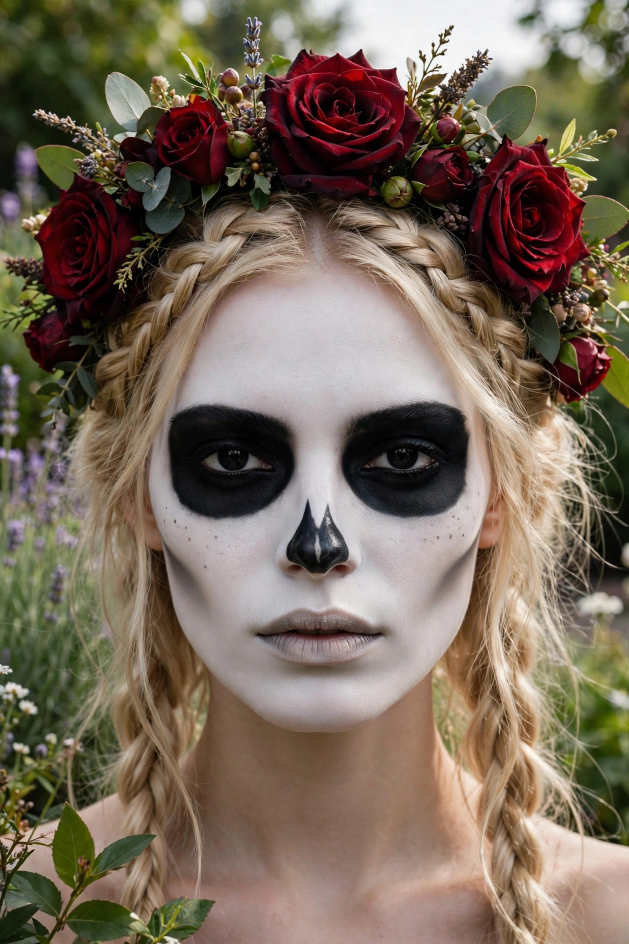 Woman with soft skull Halloween makeup wearing a flower crown