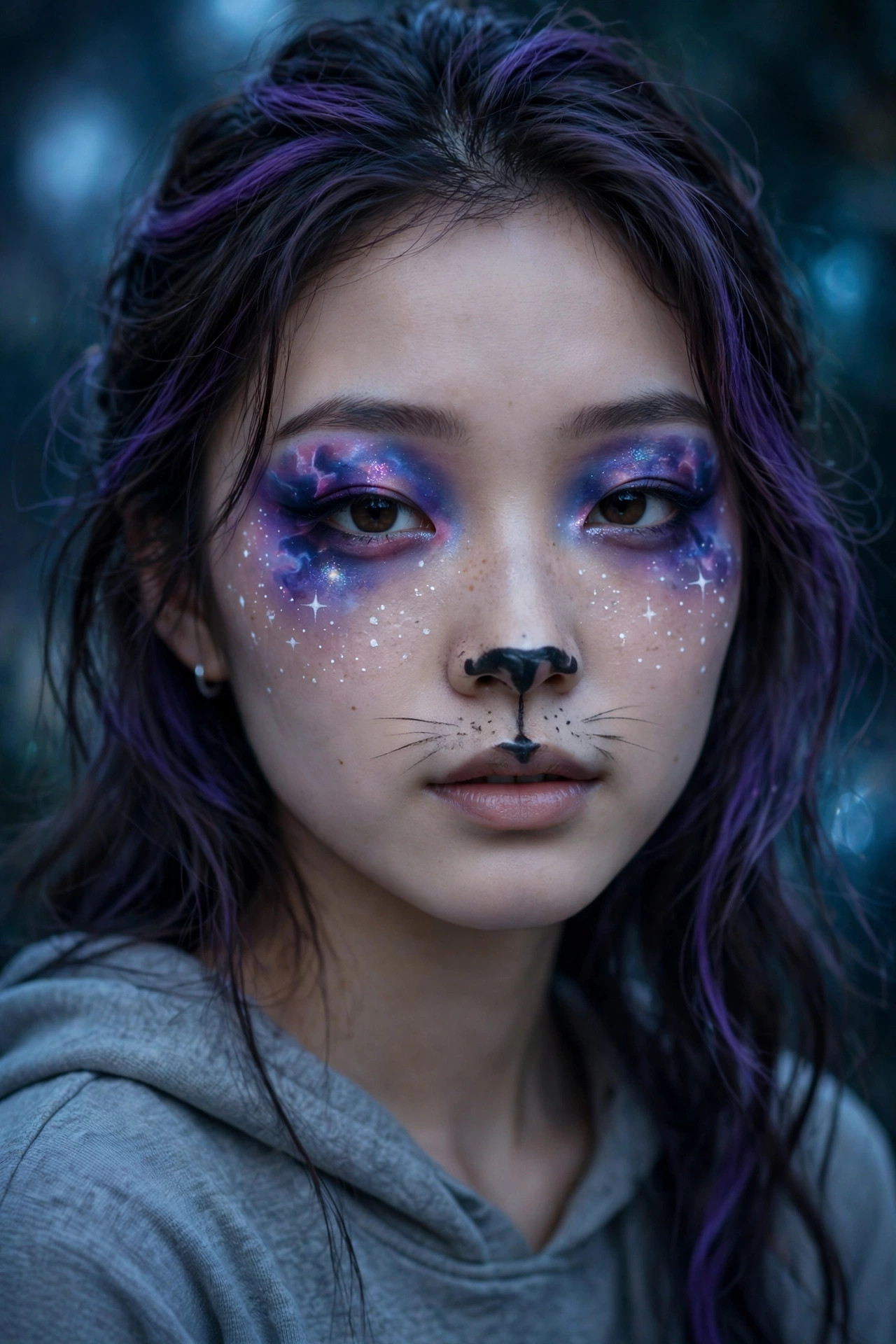 Teen girl with galaxy cat Halloween makeup, purple blue wash and star dots