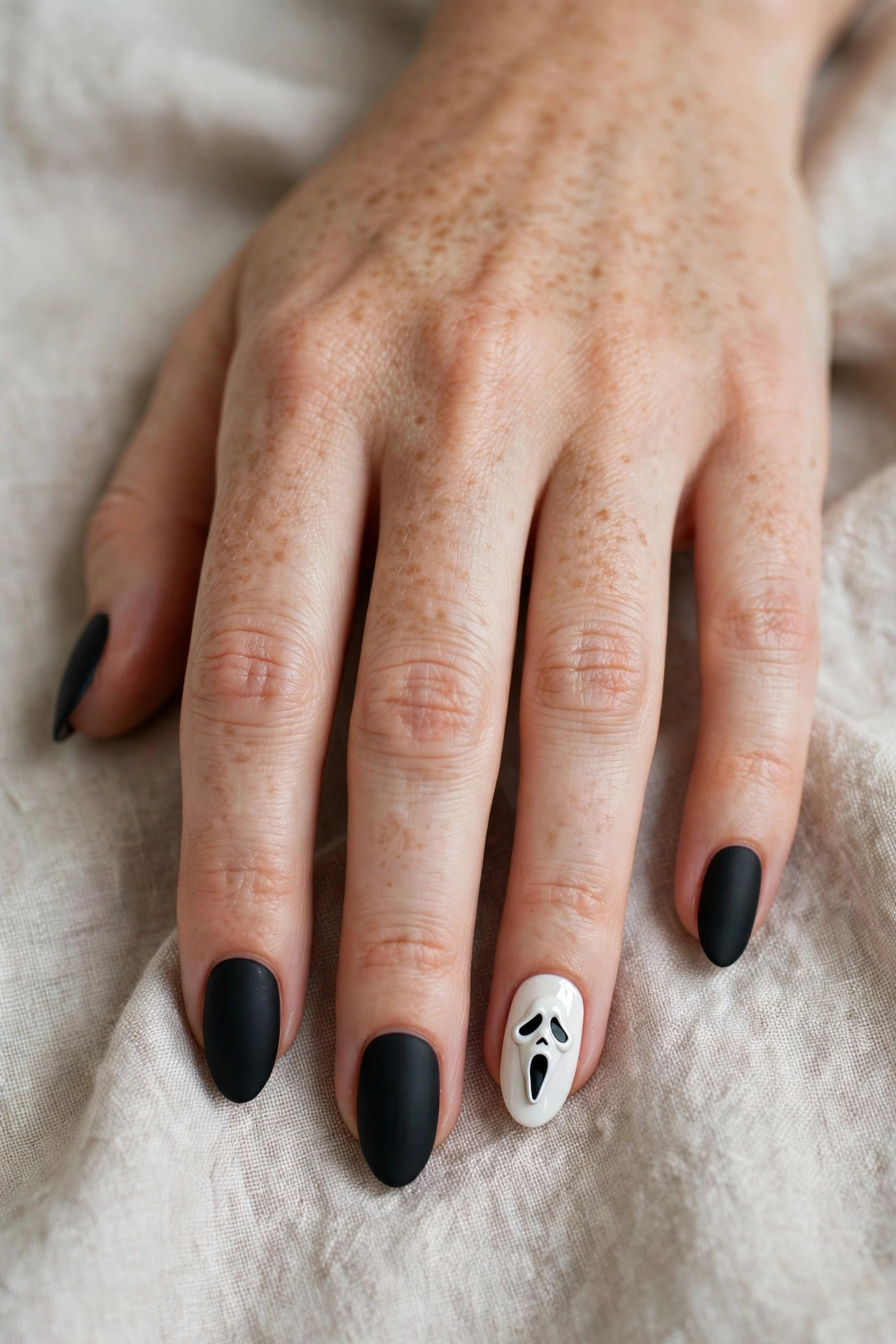 Teen hand with matte black nails and minimalist floating Ghostface art