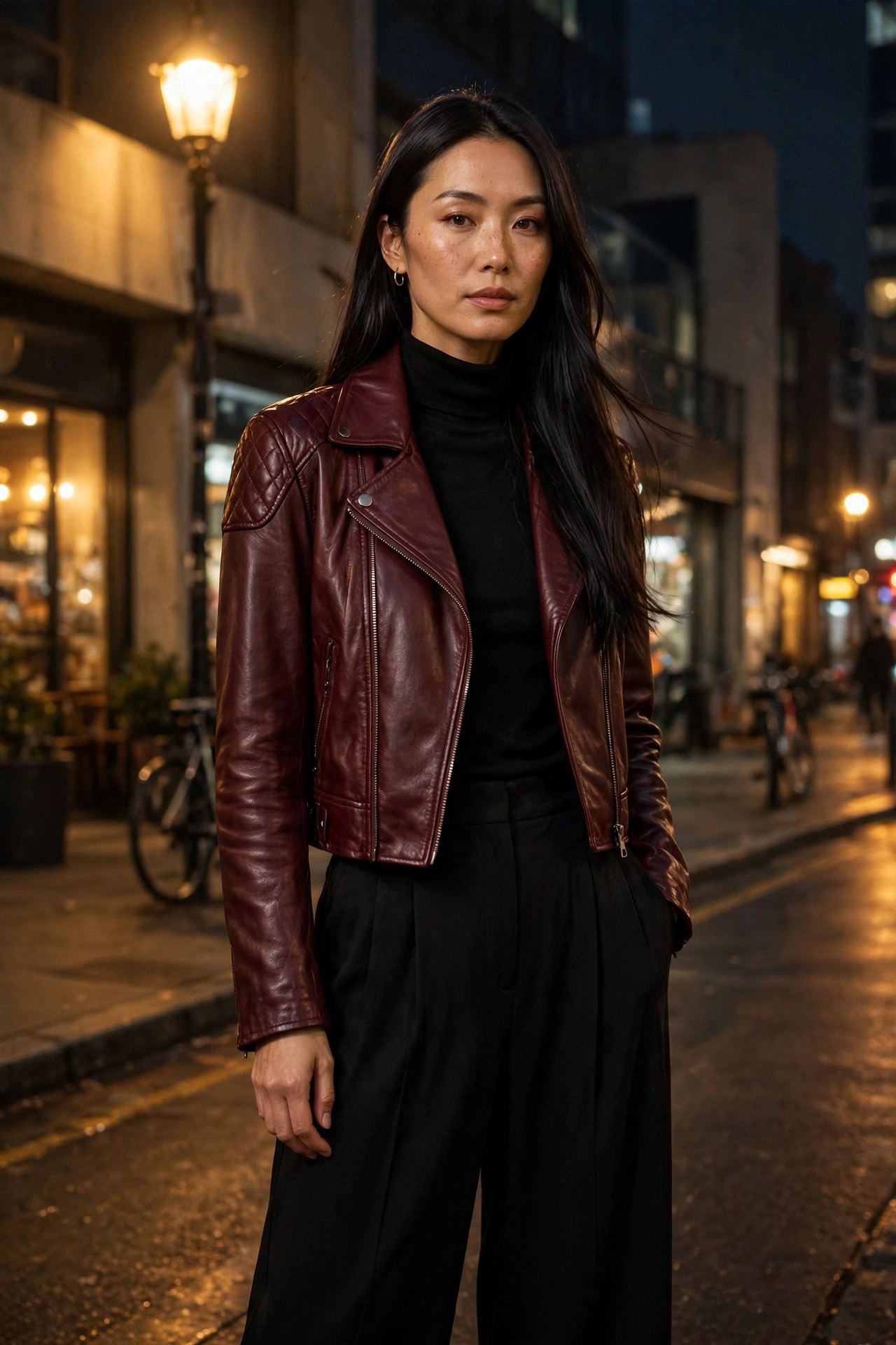 Woman with long black hair wearing a burgundy leather jacket over black layers on a city street at night