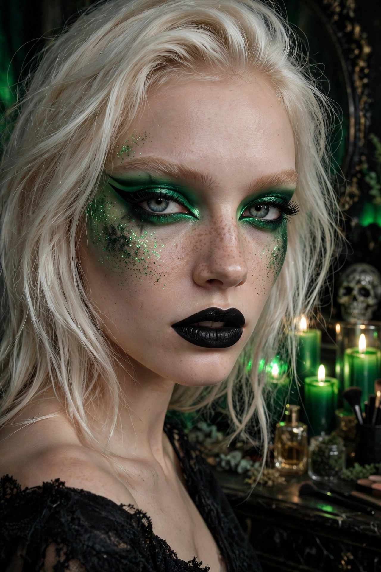 Photorealistic portrait of a woman wearing emerald green eyeliner and black lipstick
