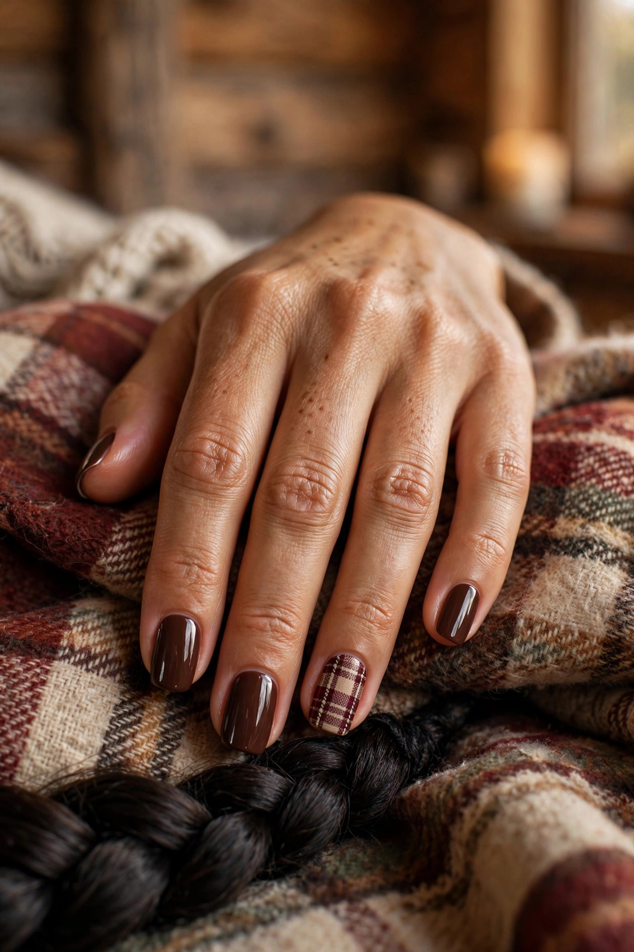 Squoval nails in deep brown with a plaid tartan accent nail in burgundy and cream, hand on a plaid blanket