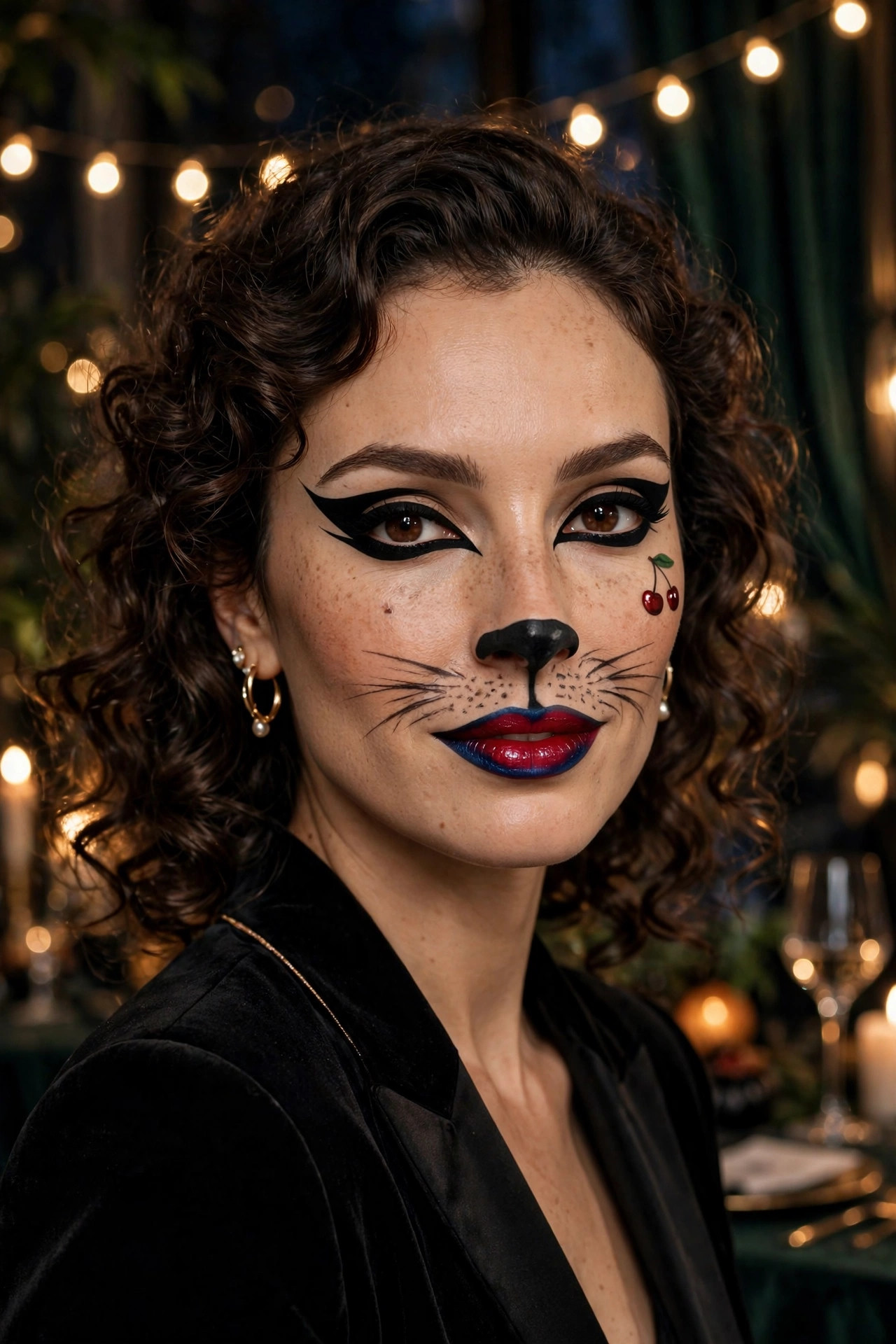 Woman with cherry cat makeup for Halloween party, red lips and black cat eye